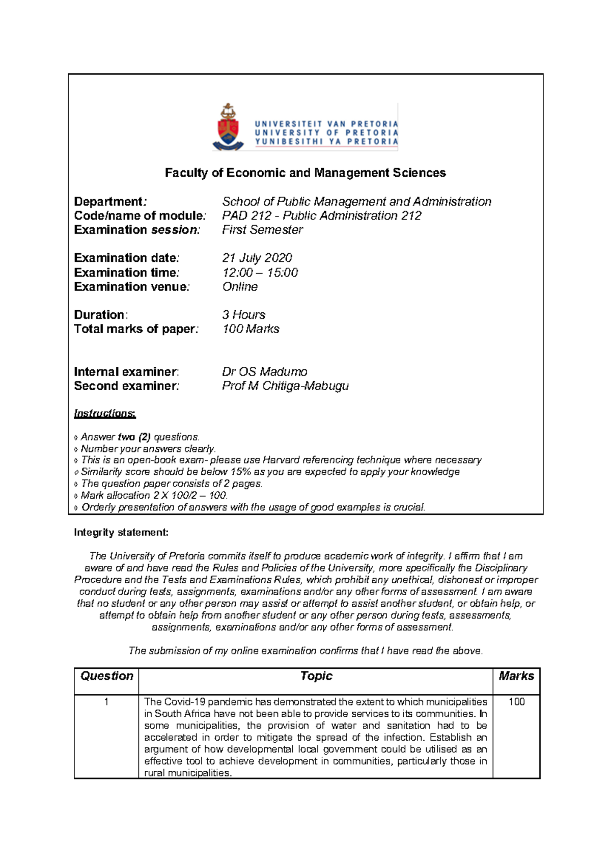 PAD212 Jul2020 - past paper - Faculty of Economic and Management ...