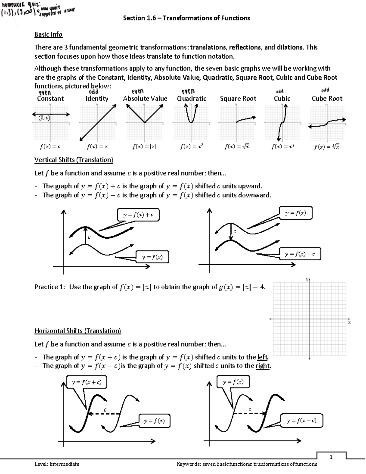 1.6 - Transformations of Functions - Section 1 – Transformations of ...