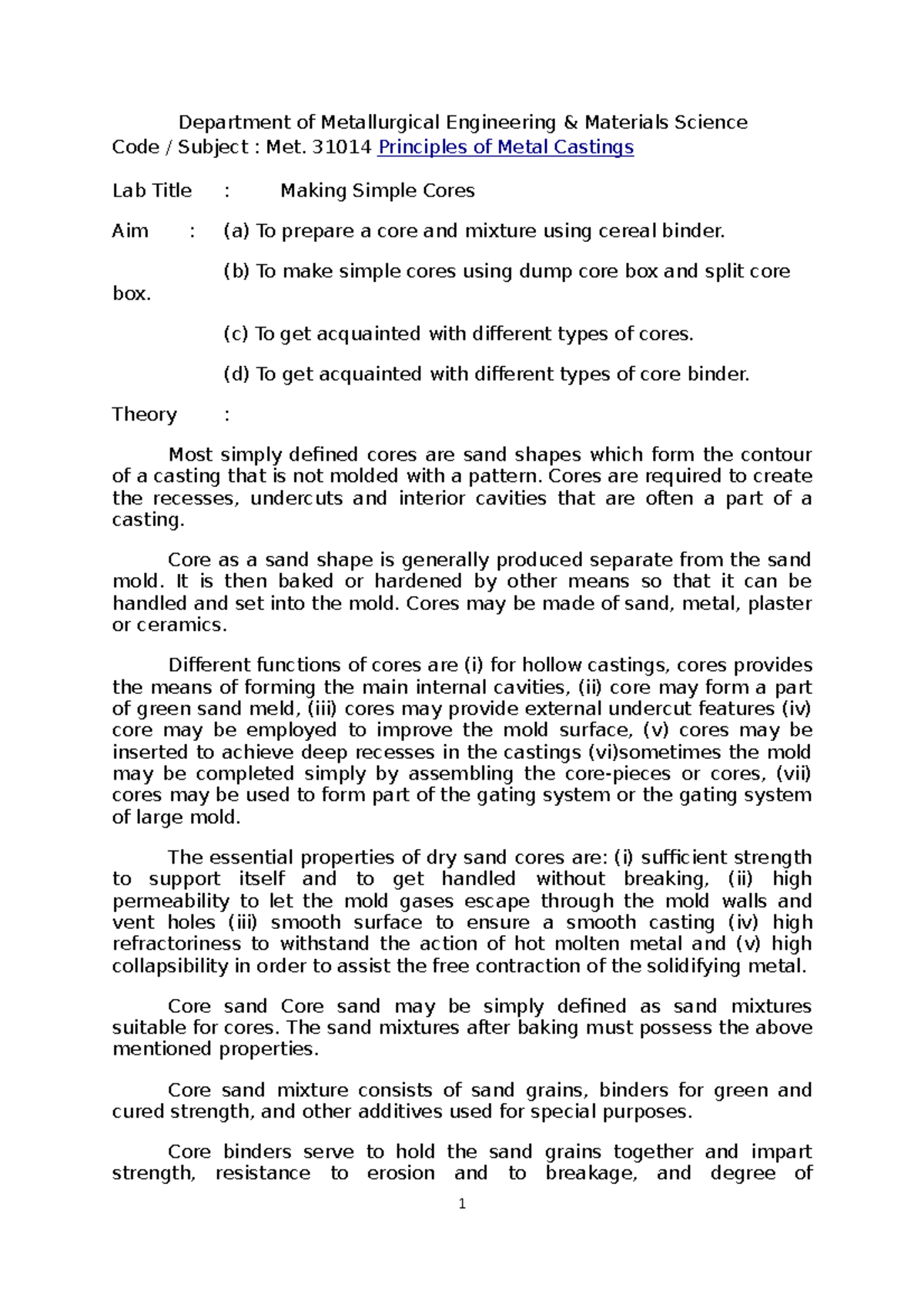 3 Foundry Lab Instructions - Department of Metallurgical Engineering ...