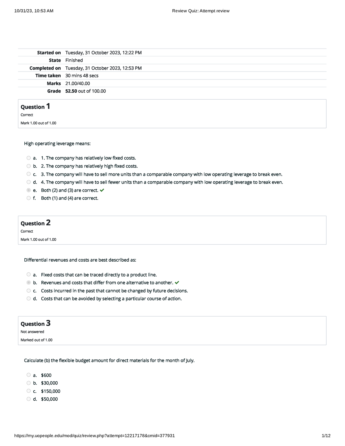 Review Quiz Attempt Review P 1 - Started On Tuesday, 31 October 2023 