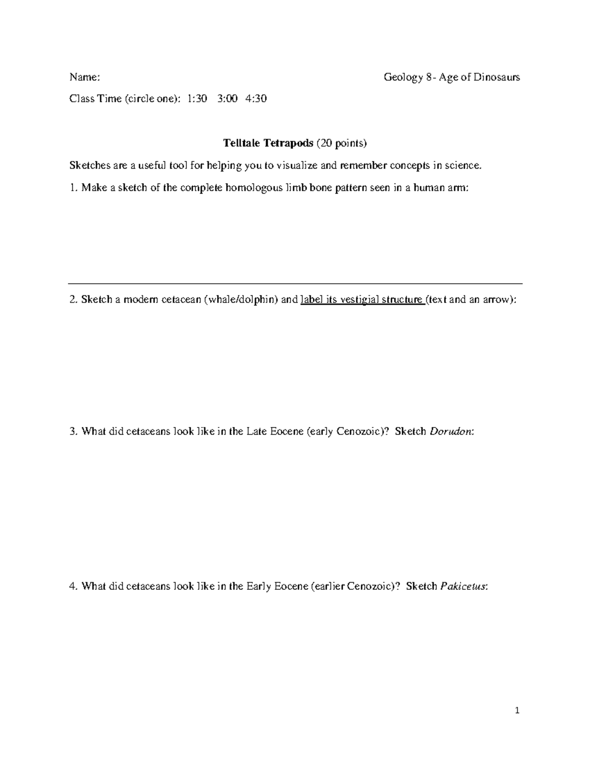 GEOL 008- Worksheet 3- Telltale Tetrapods - 1 Name: Class Time (circle ...