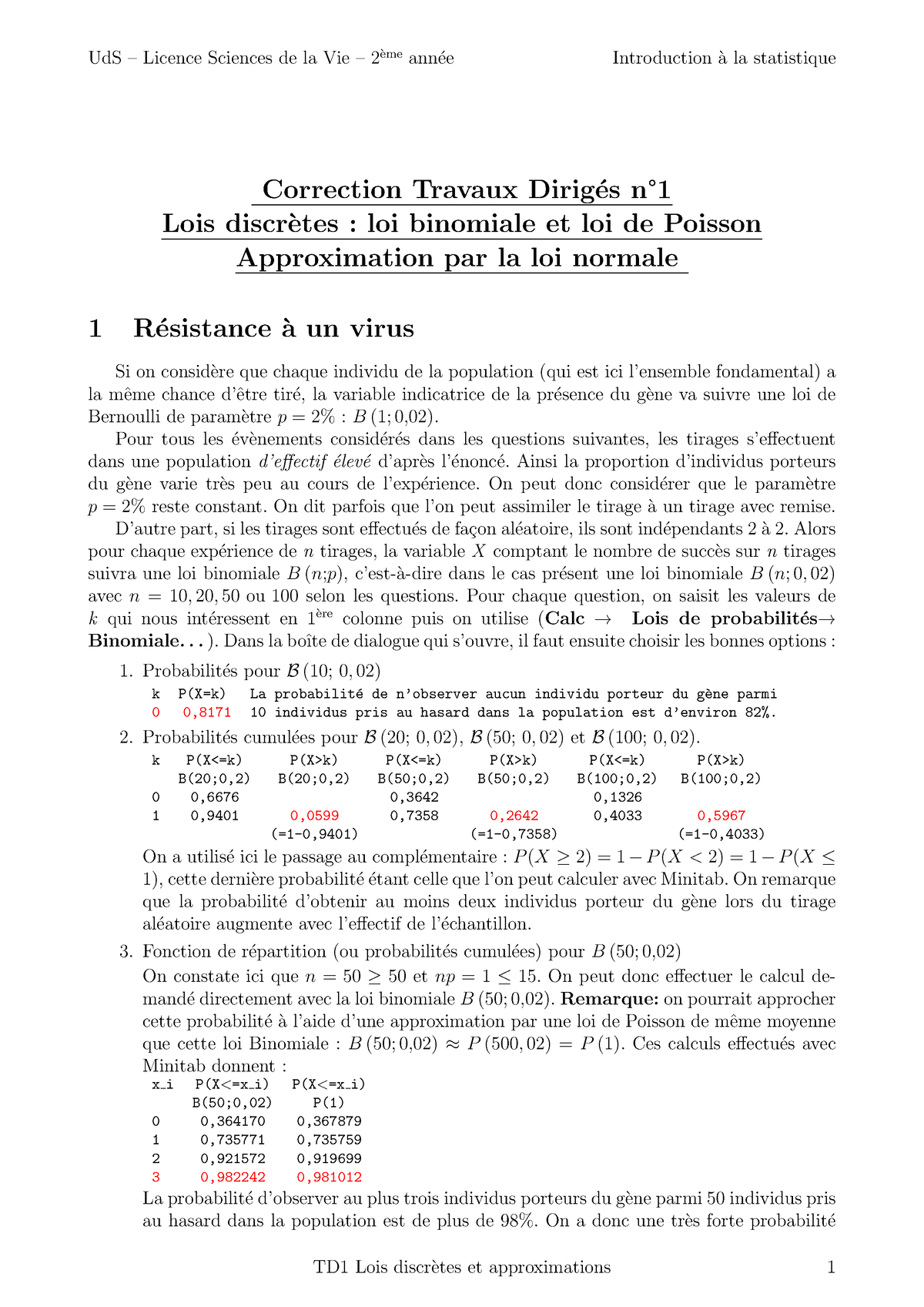 TD1cor Lois Discr Ã¨tes Et Approximations - Correction Travaux Dirig ...