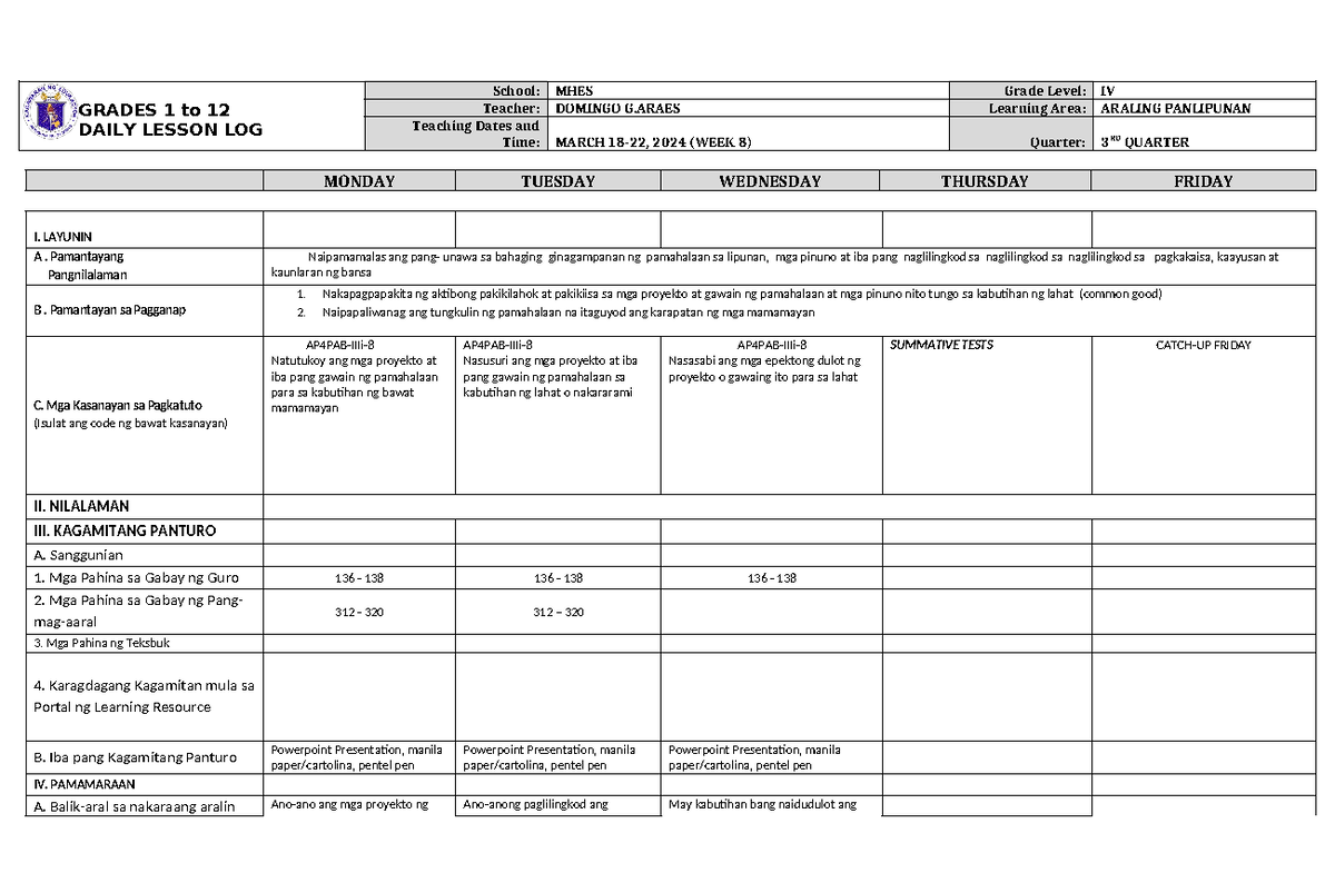 DLL Araling Panlipunan 4 Q3 W8 - GRADES 1 to 12 DAILY LESSON LOG School ...