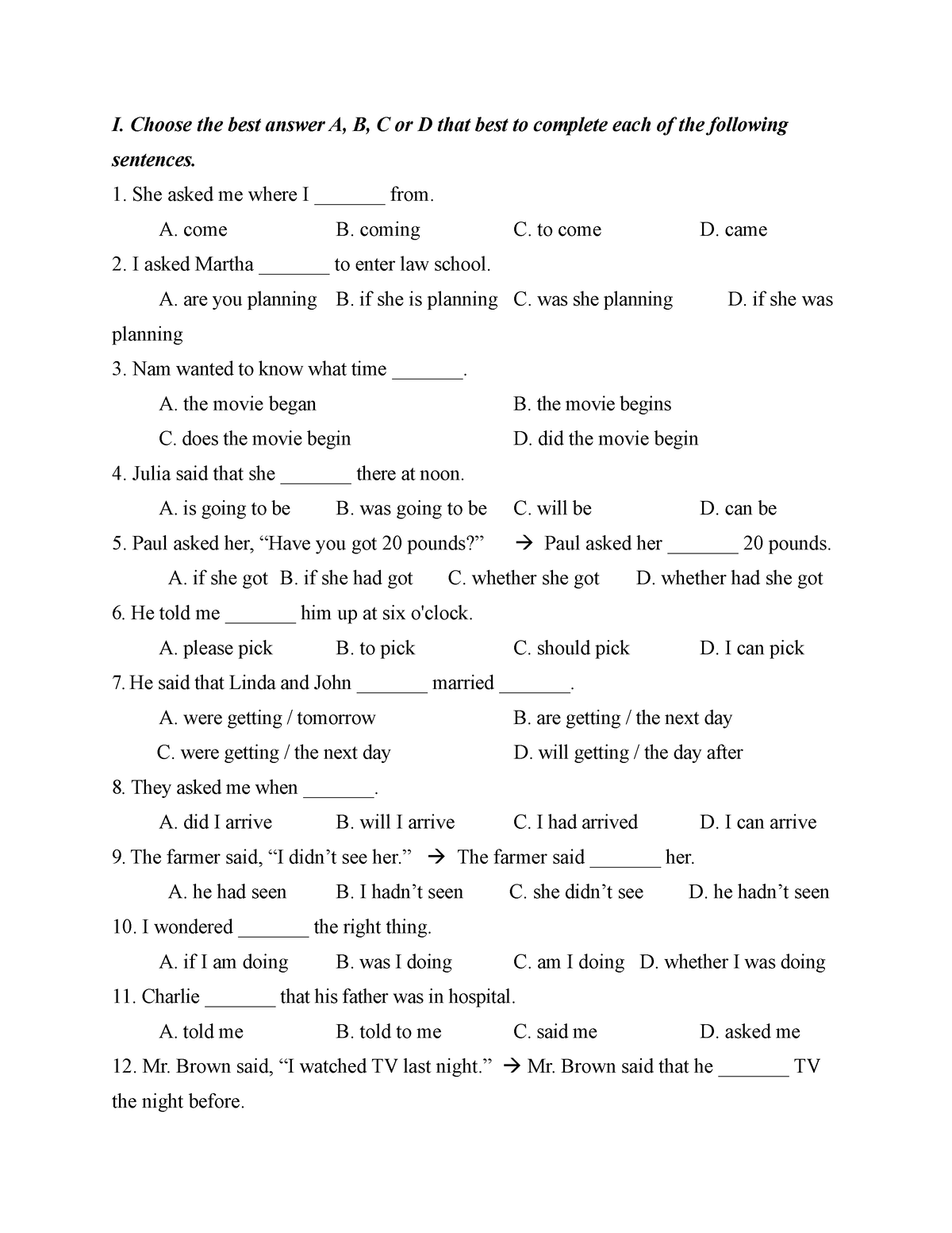 1 - Llllll - I. Choose The Best Answer A, B, C Or D That Best To ...