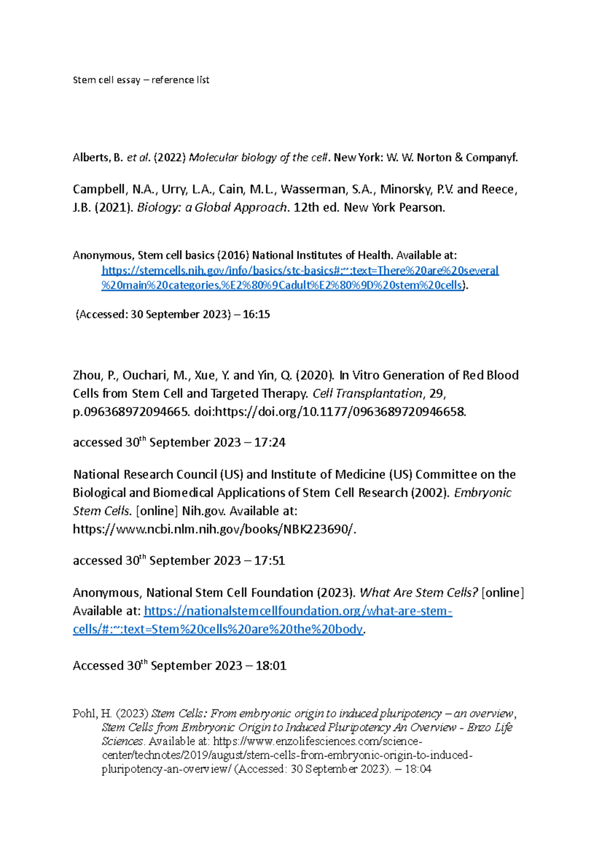 Ref List - Stem Cells Essay - Stem cell essay – reference list Alberts ...