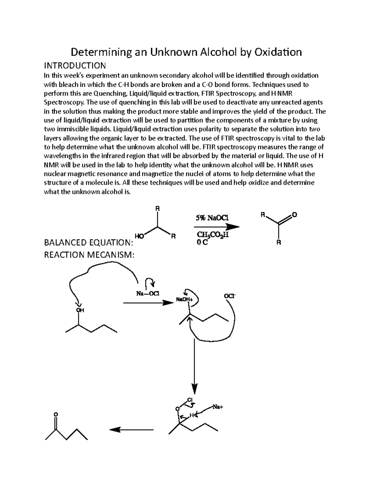 oxidation of an unknown alcohol Determining an Unknown Alcohol by