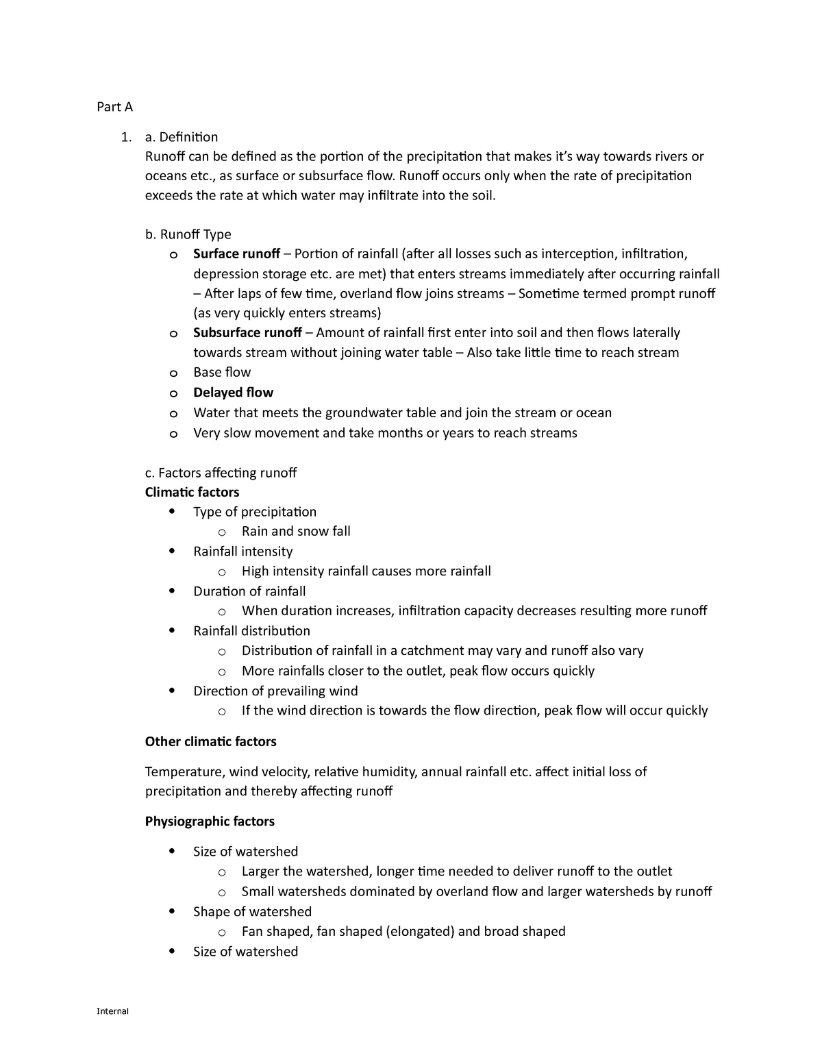 Hydrology Final Exam - Part A 1. a. Definition Runoff can be defined as ...