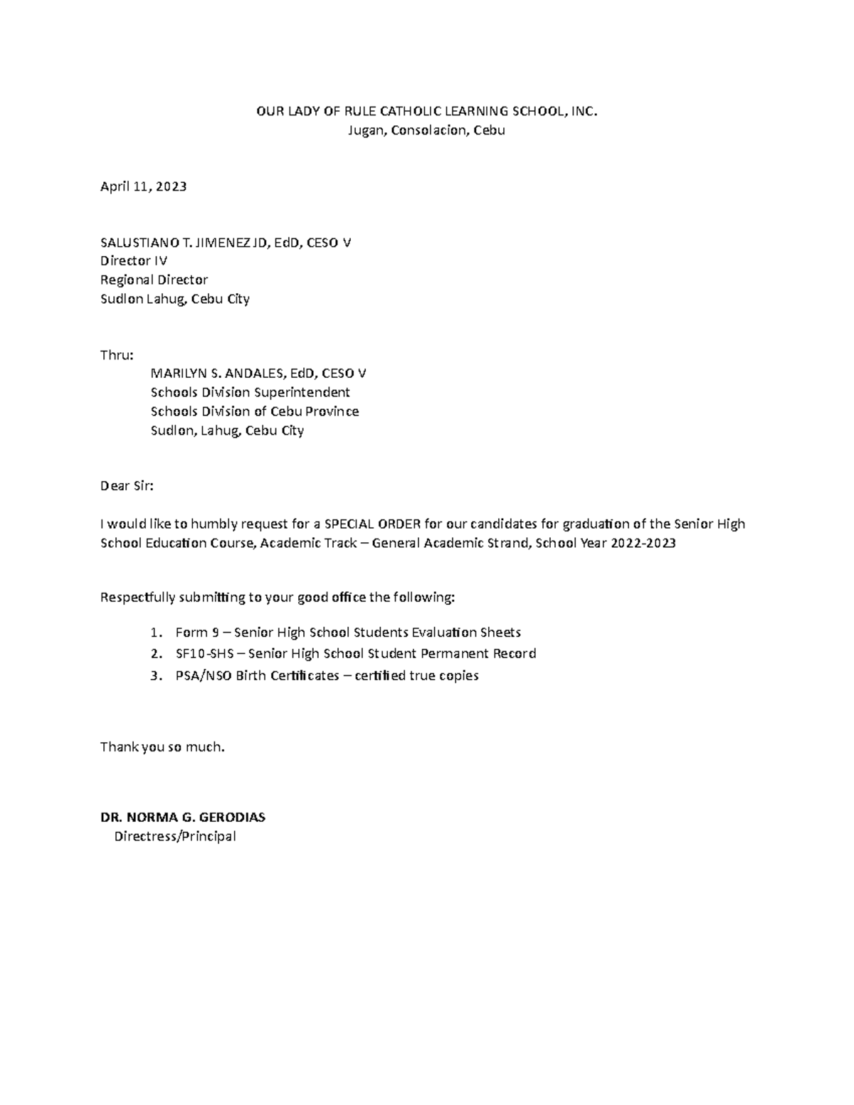 Special Order Letter OF Intent OUR LADY OF RULE CATHOLIC LEARNING