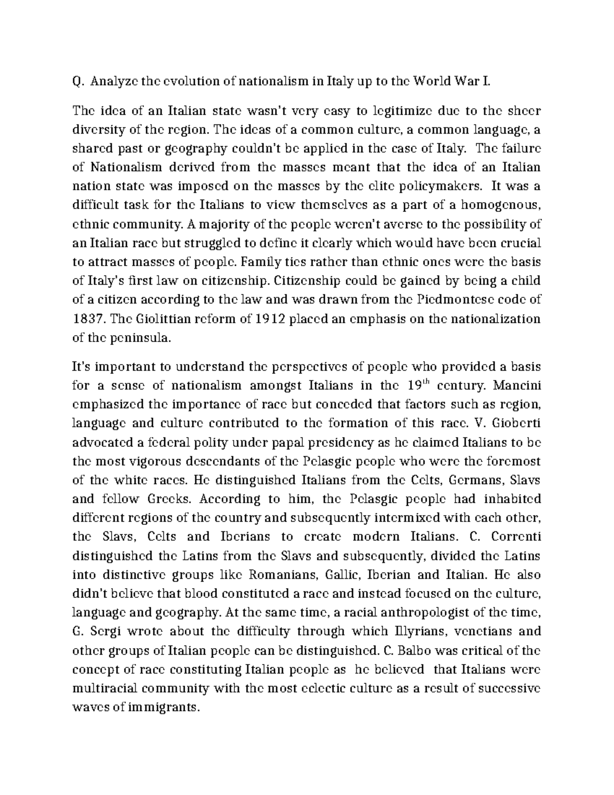 Italian nationalism Hjgghggg Q. Analyze the evolution of