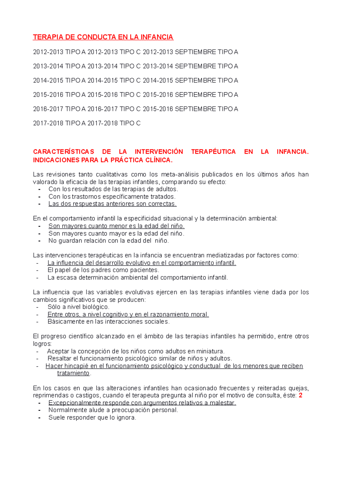 Terapia DE Conducta EN LA Infancia preguntas de examen - TERAPIA DE ...