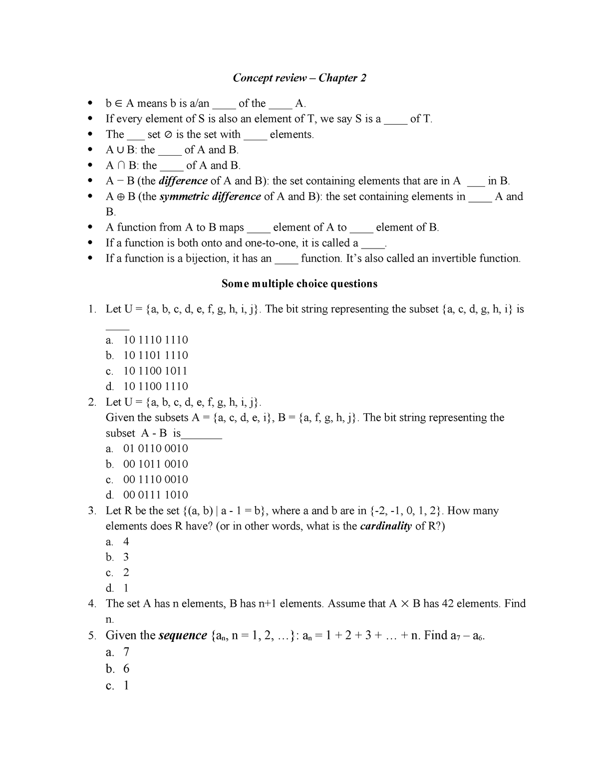 Concept Review - Chapter 2 - Concept Review – Chapter 2 B A Means B Is ...