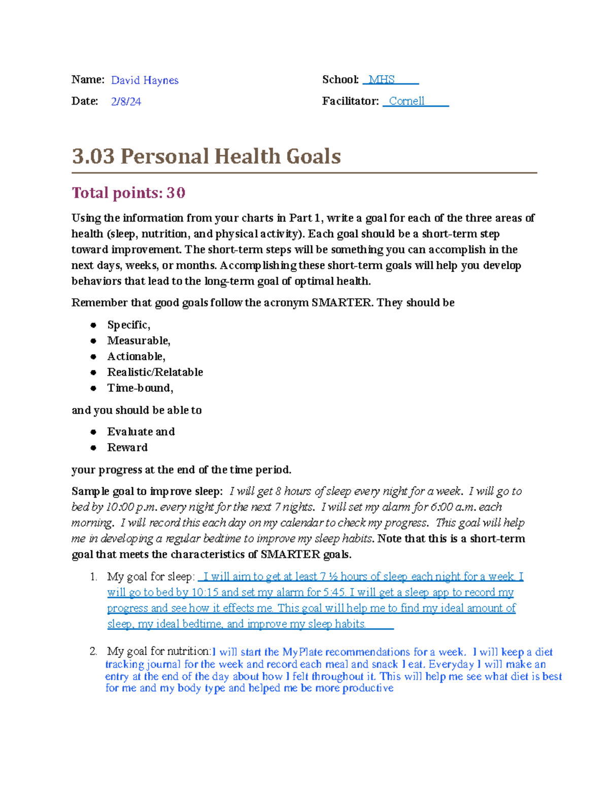 03-03 task - Task 03-03 - Health - Name: Date: 9/7/ School: MHS ...