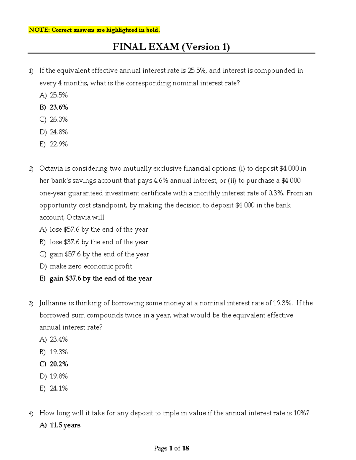 Final December 2017, questions and answers - NOTE: Correct answers are ...