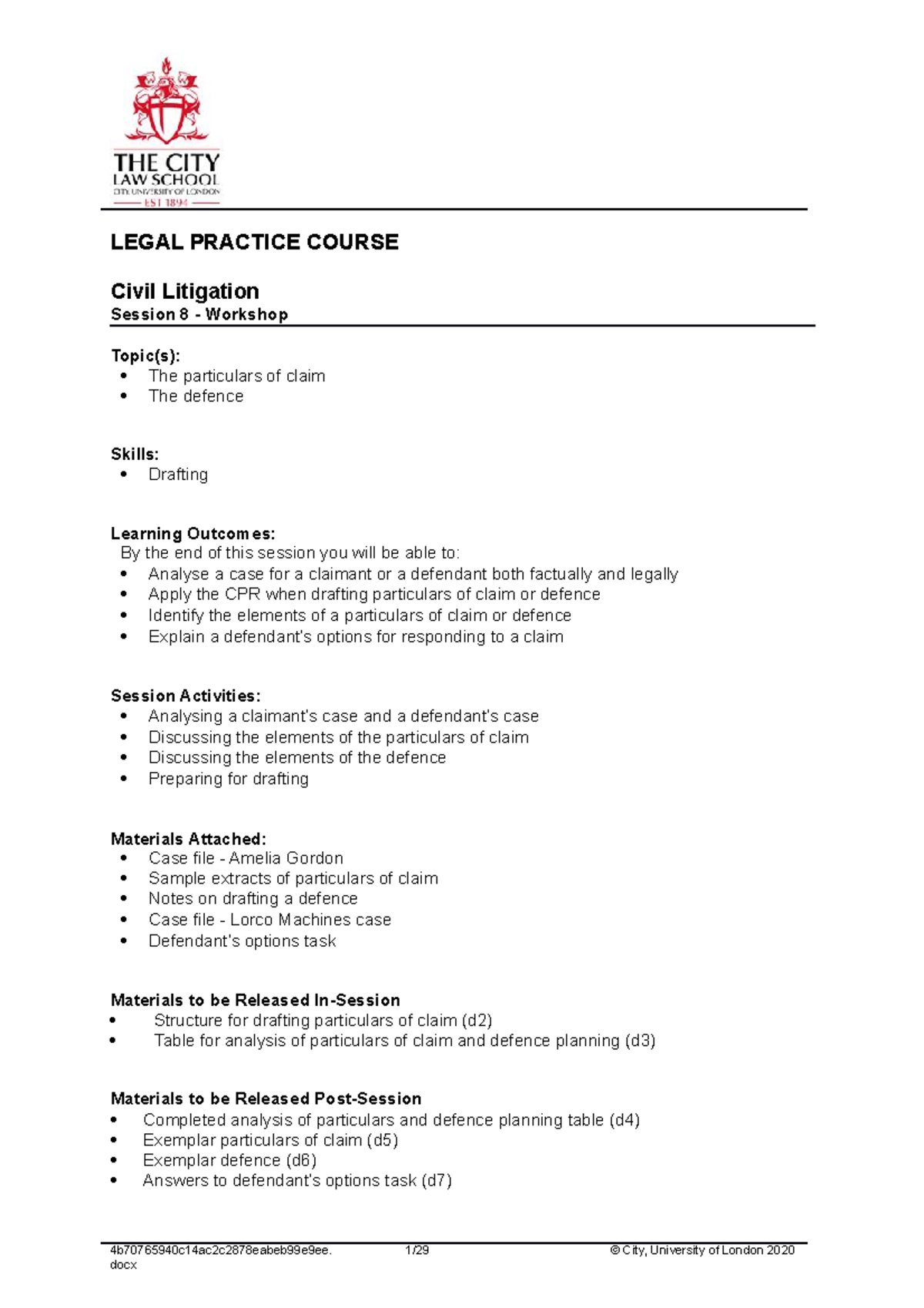 Civil litgation - session 8 - LEGAL PRACTICE COURSE Civil Litigation ...