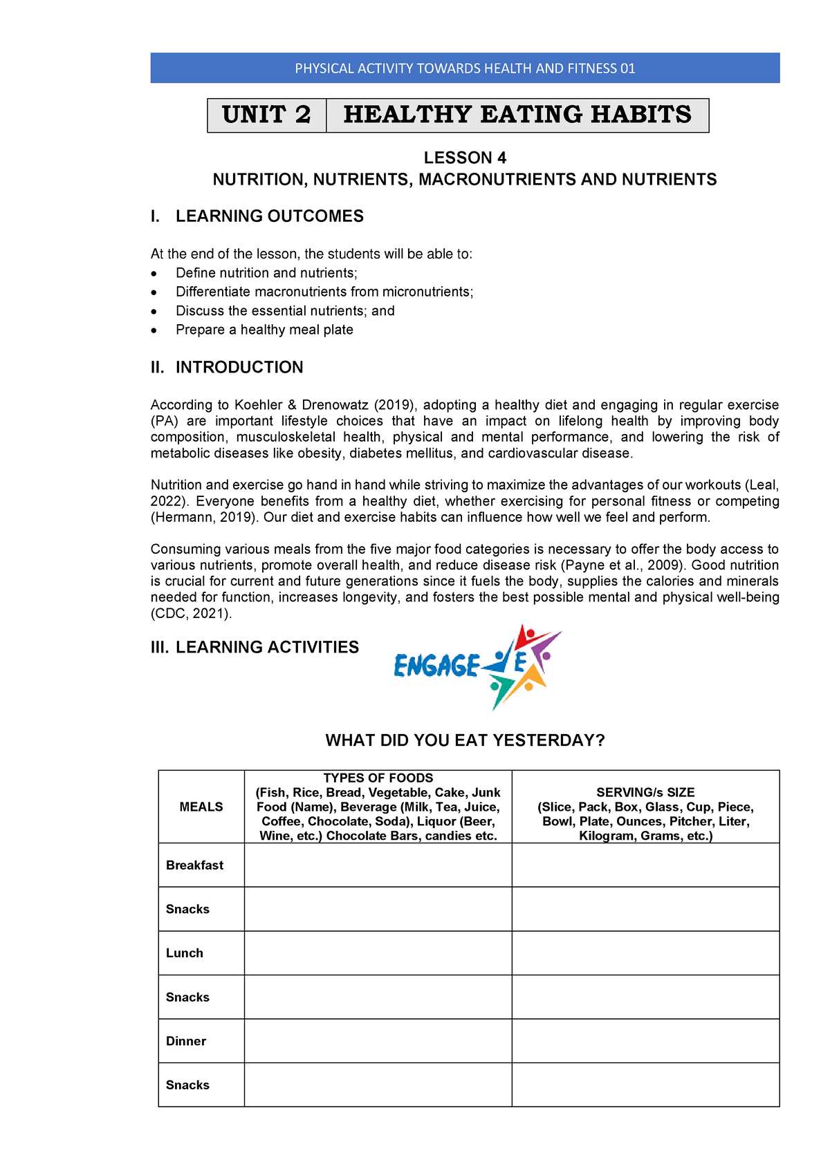 UNIT 2 Lesson 4 - PE1 - LESSON 4 NUTRITION, NUTRIENTS, MACRONUTRIENTS ...