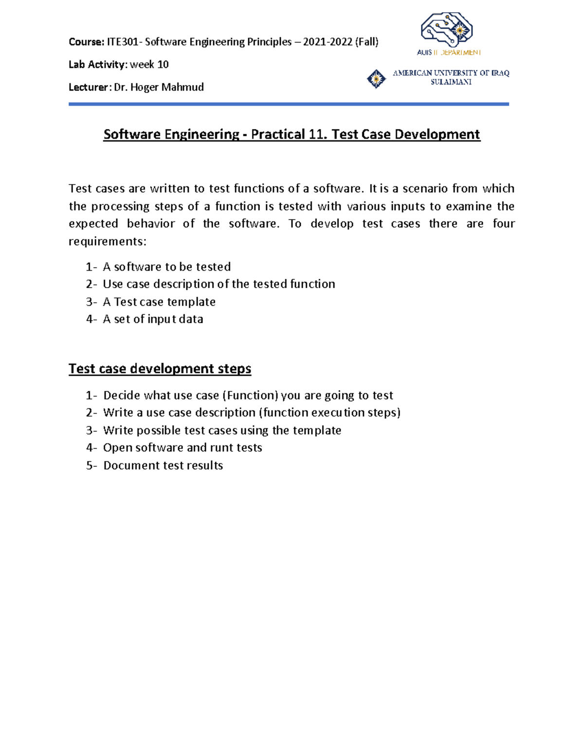 Practical 10 software testing Course ITE301 Software Engineering