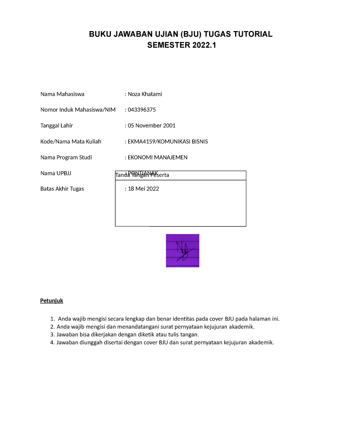 Tugas II EKMA4159 - Subcourse - Tanda Tangan Peserta BUKU JAWABAN UJIAN ...