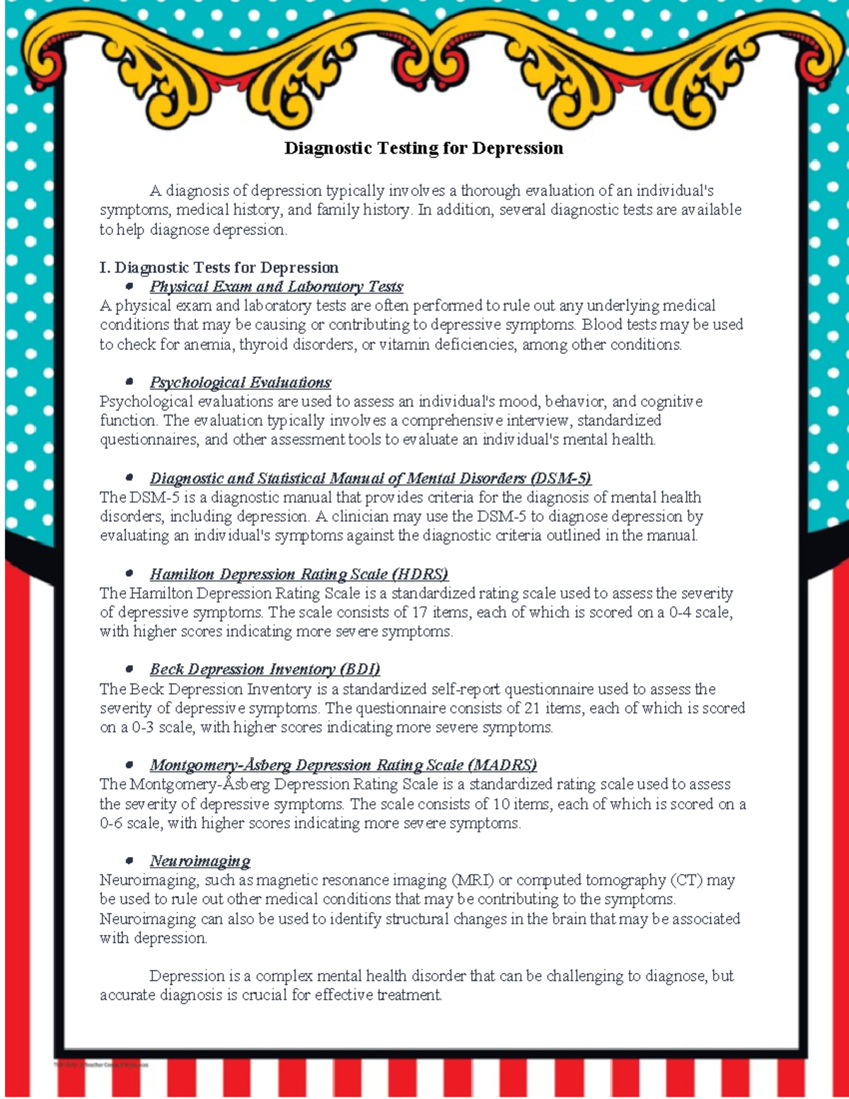 Diagnostic Testing for Depression - In addition, several diagnostic ...