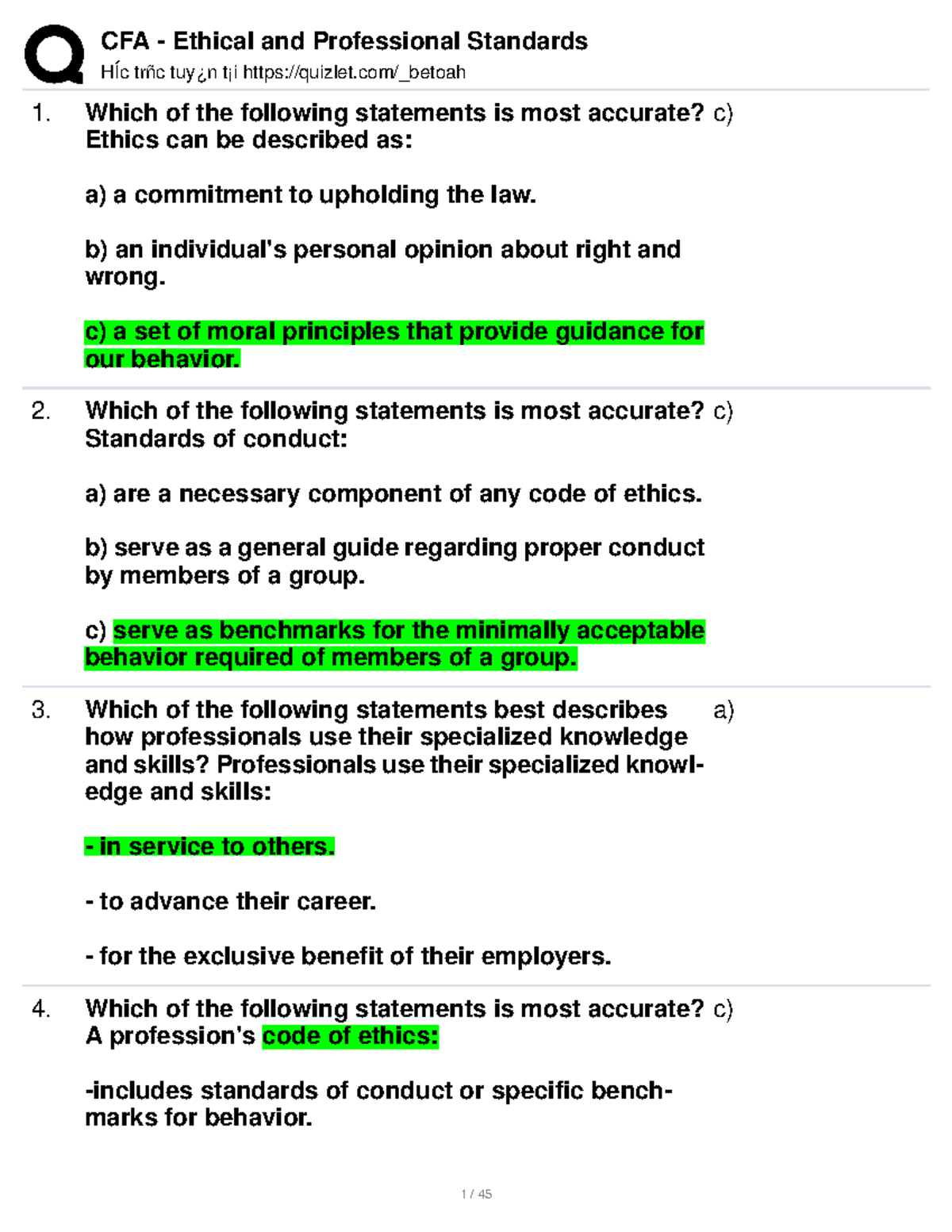 CFA Ethical And Professional Standards - HÍc Trñc Tuy¿n T¡i Quizlet ...