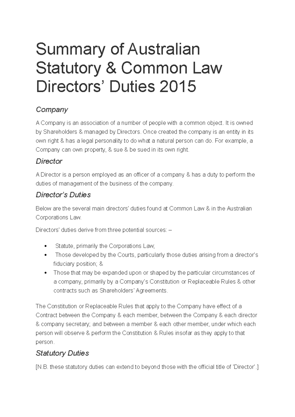 Summary of Australian Statutory Corporations Law Summary of Australian Statutory