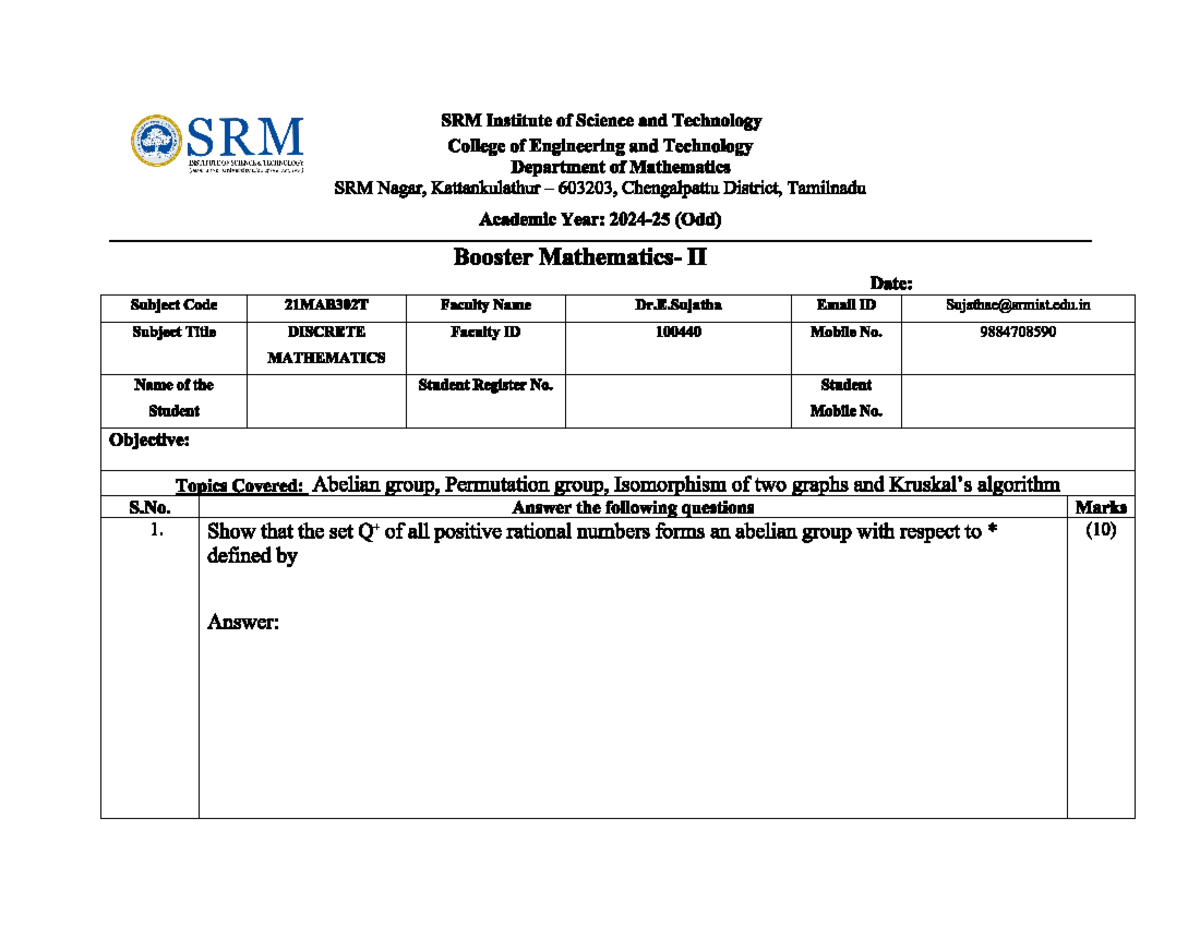 Booster assignment ct2 - SRM SRM Institute of Science and Technology ...