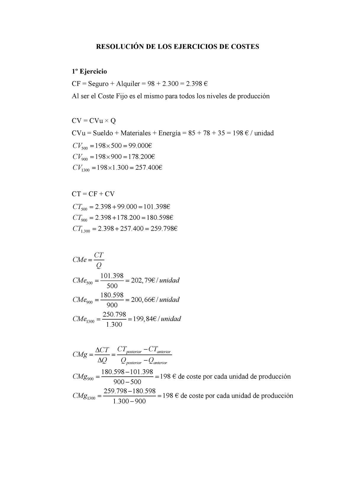 Resolución DE LOS Ejercicios DE Costes - RESOLUCIÓN DE LOS EJERCICIOS ...