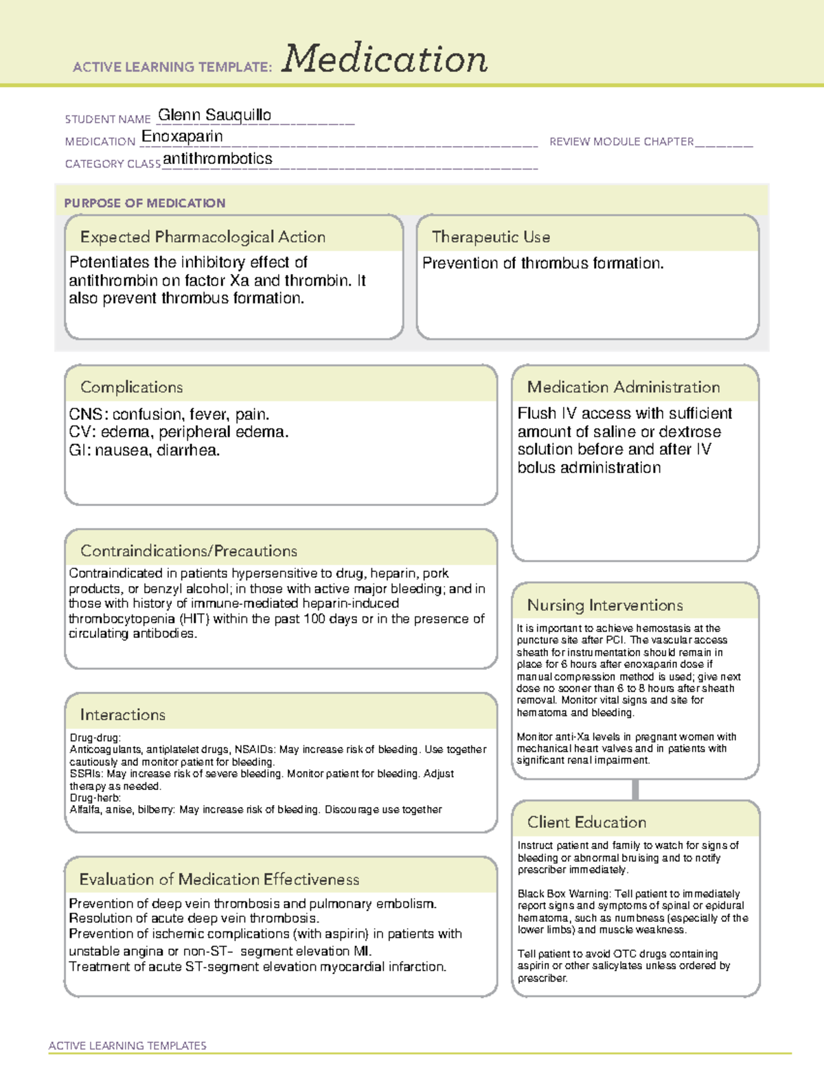 Medication Enoxaparin ACTIVE LEARNING TEMPLATES Medication STUDENT