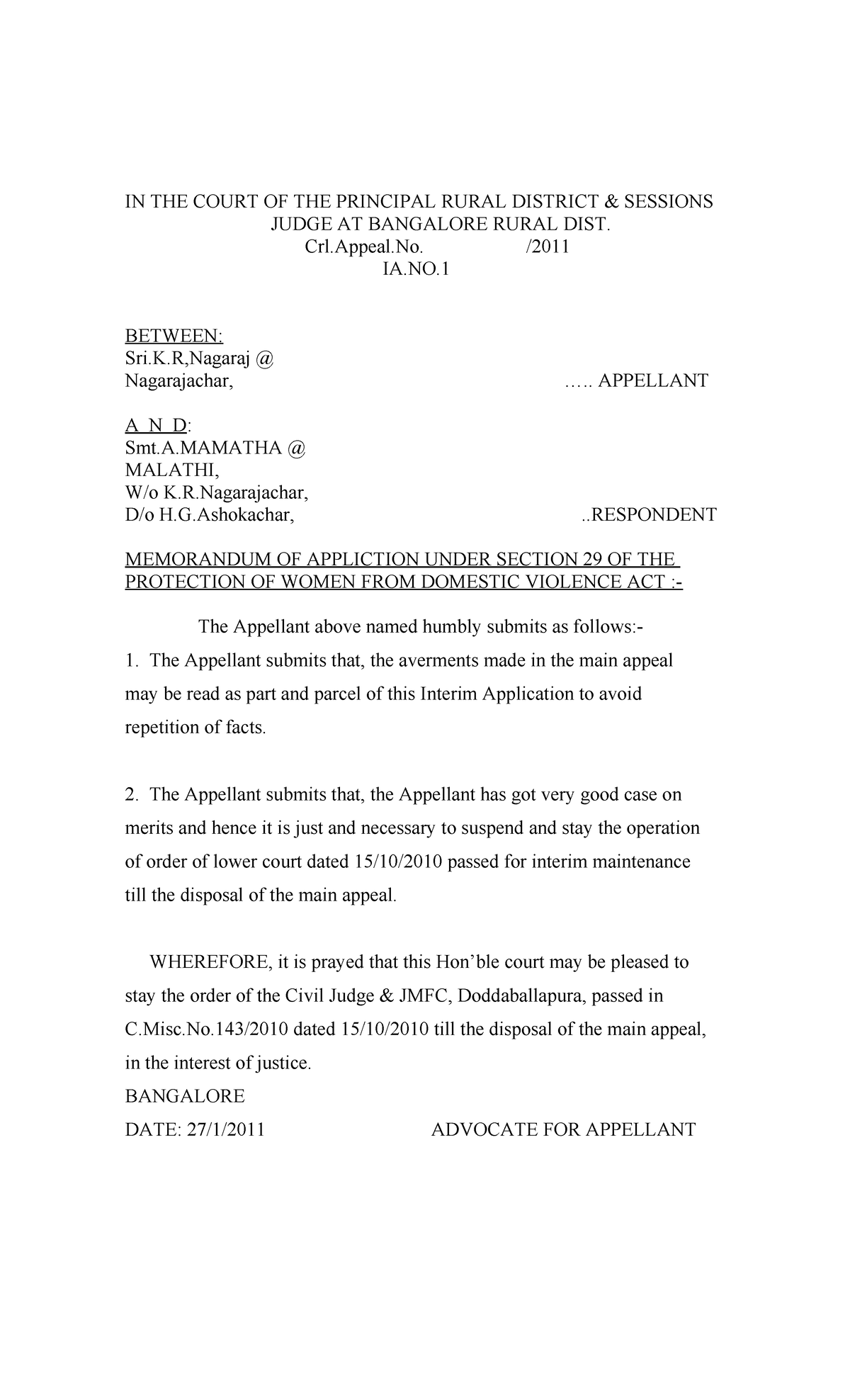 IA-1 DV ACT - Sample documents - IN THE COURT OF THE PRINCIPAL RURAL ...
