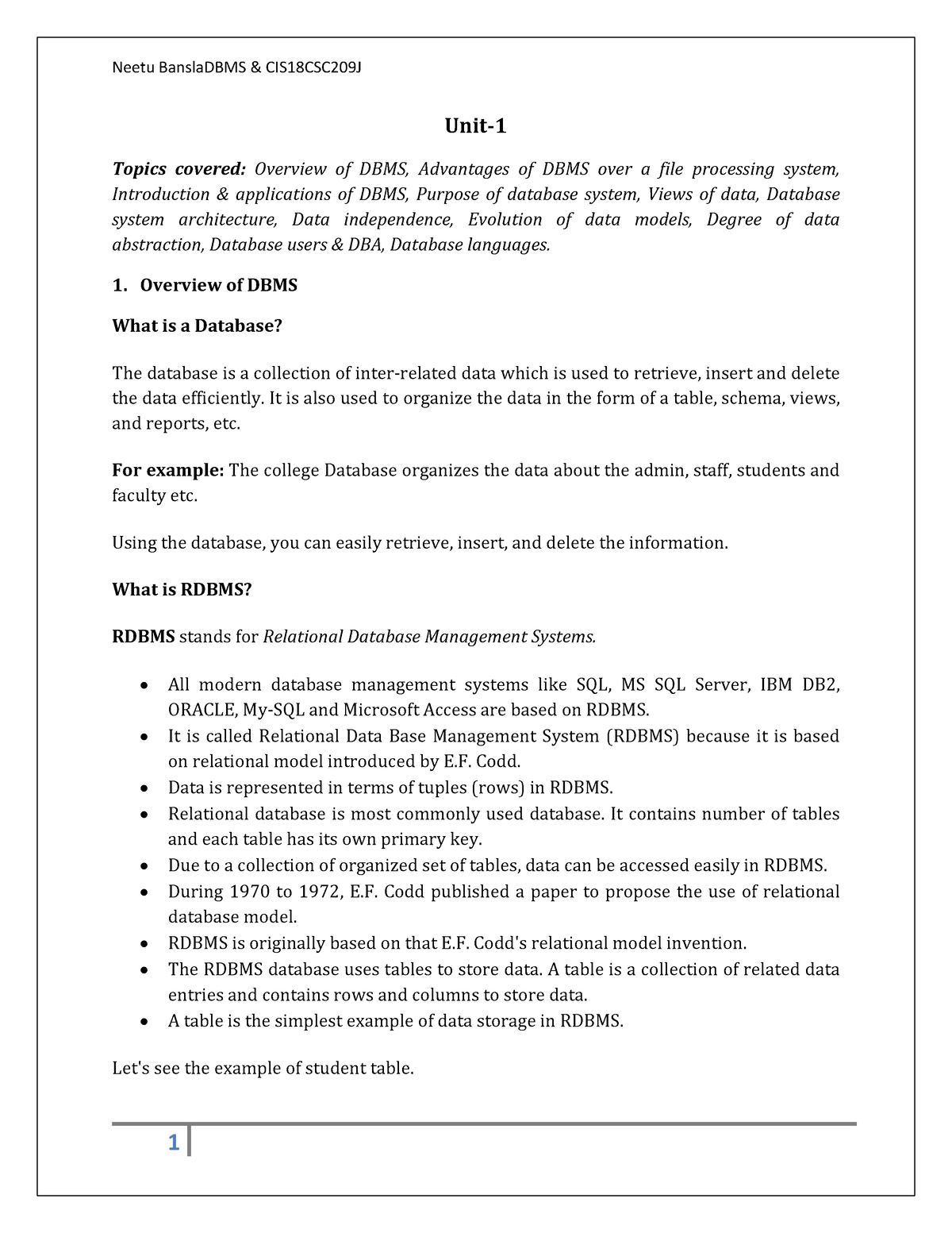 UNIT 1 Notes Of data base managment system  Unit Topics covered