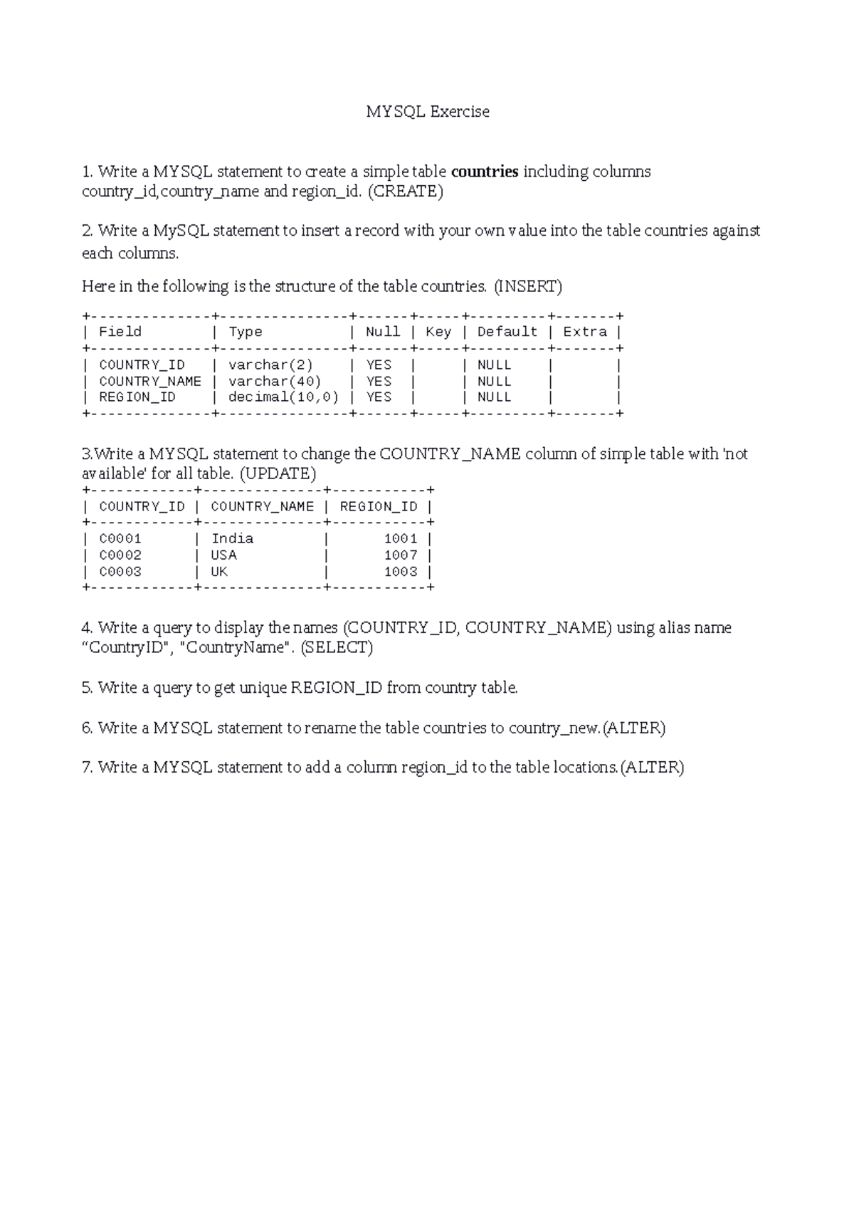 Mysql - Practice Material Form Sql - MYSQL Exercise 1. Write A MYSQL ...