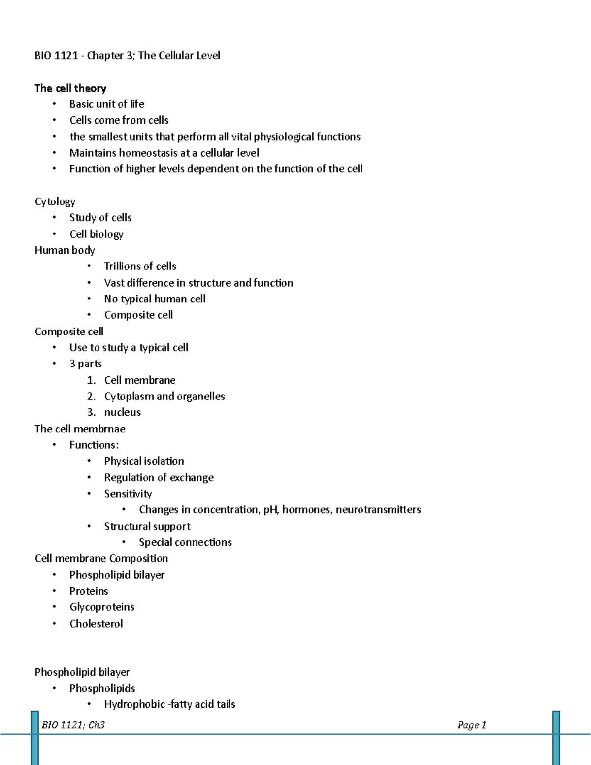 1121 ch3 notes - Chapter 3 - BIO 1121 - Chapter 3; The Cellular Level ...