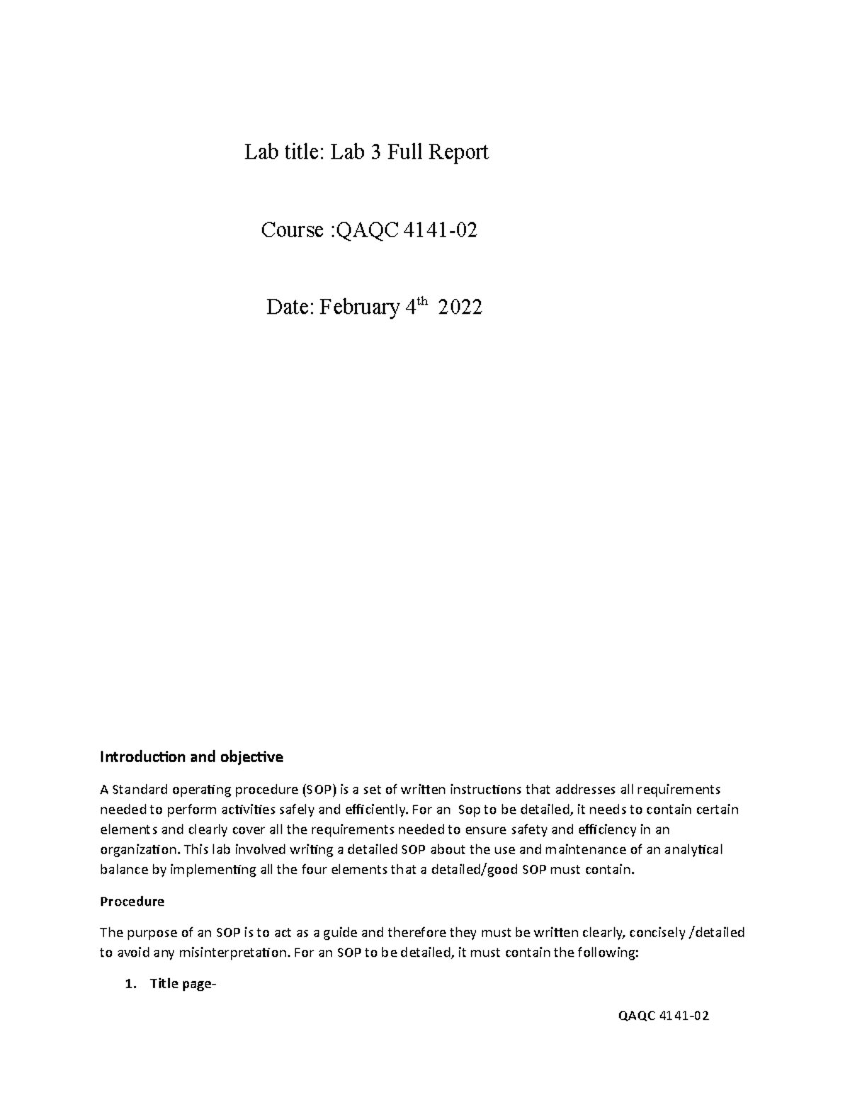 QAQC LAB 3 Report Actual SOP on Analytical Balance Lab title Lab 3