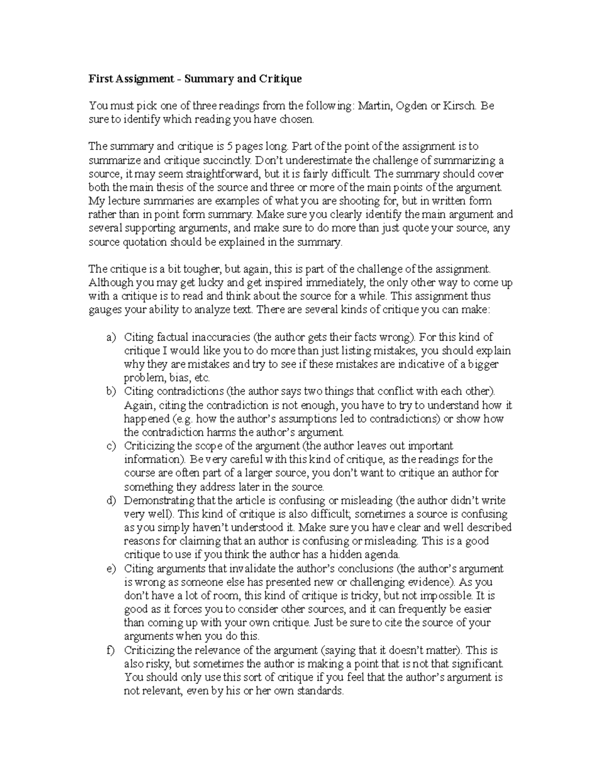 First Assignment Instructions - First Assignment Summary and Critique ...