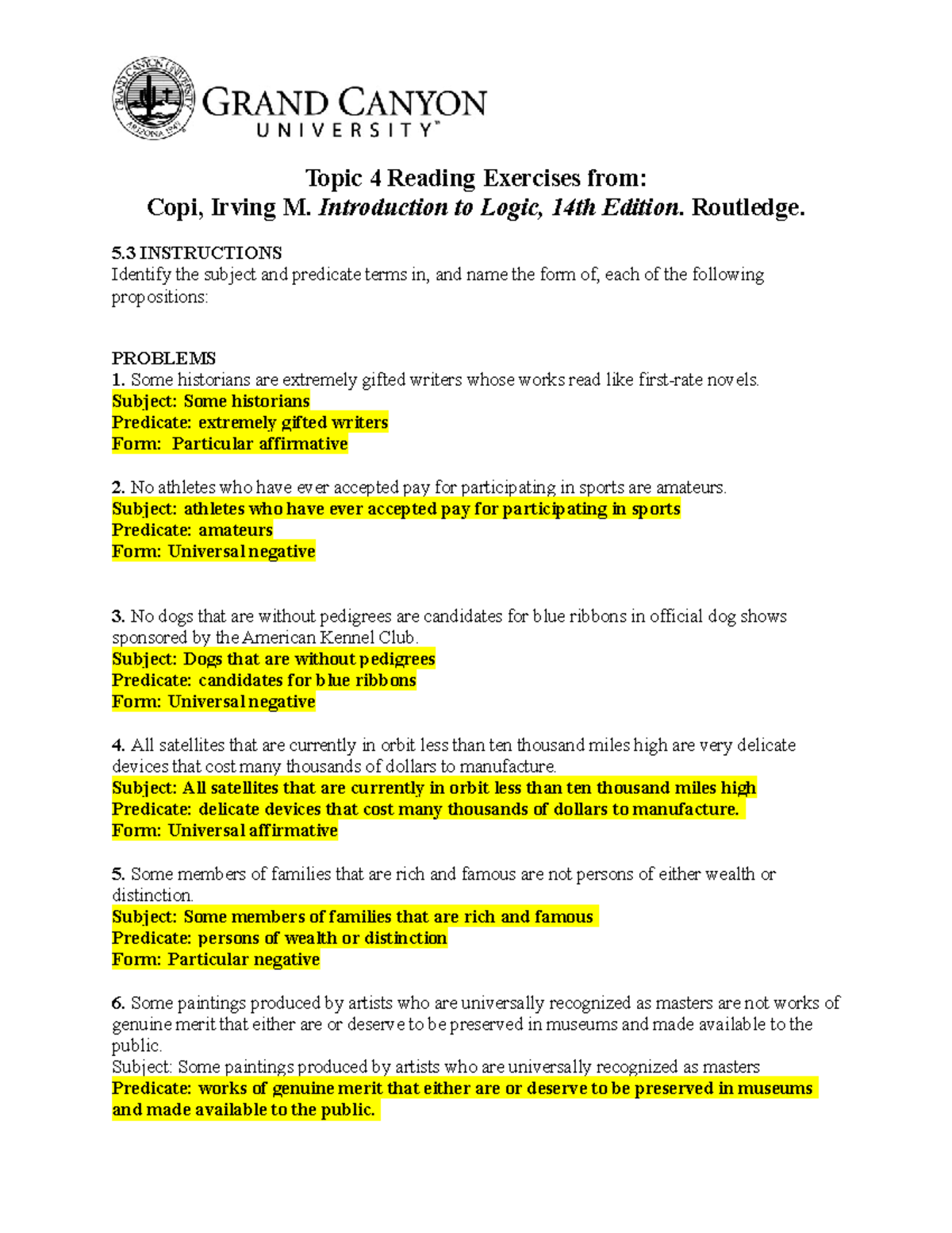 T4 reading exercises Topic 4 Reading Exercises from Copi, Irving M