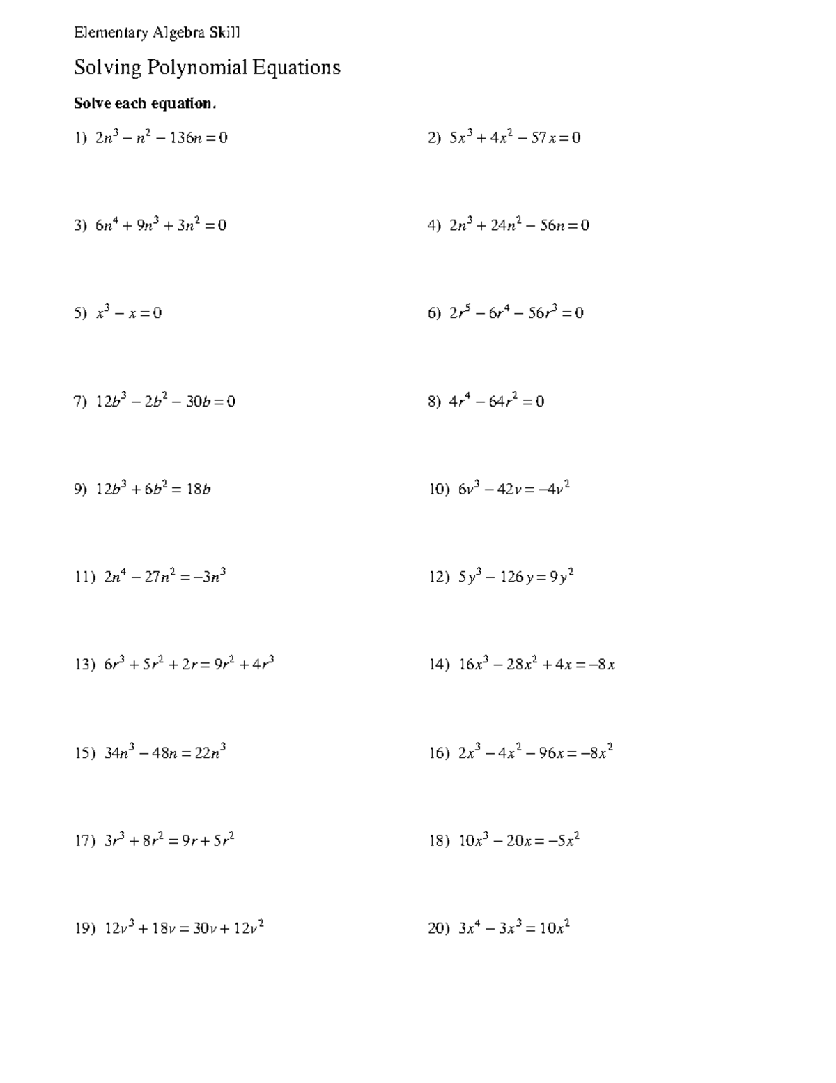 Polyeqns - Practice notes - Elementary Algebra Skill Solving Polynomial ...