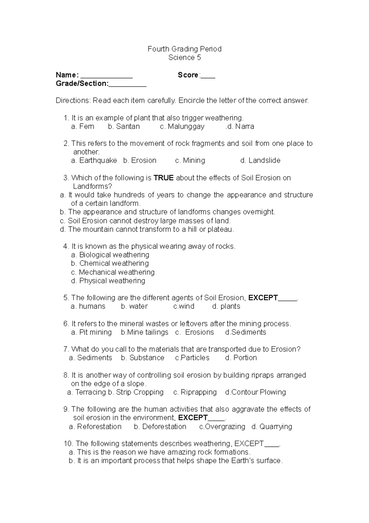 test-questionnaires-fourth-grading-period-science-5-name-score