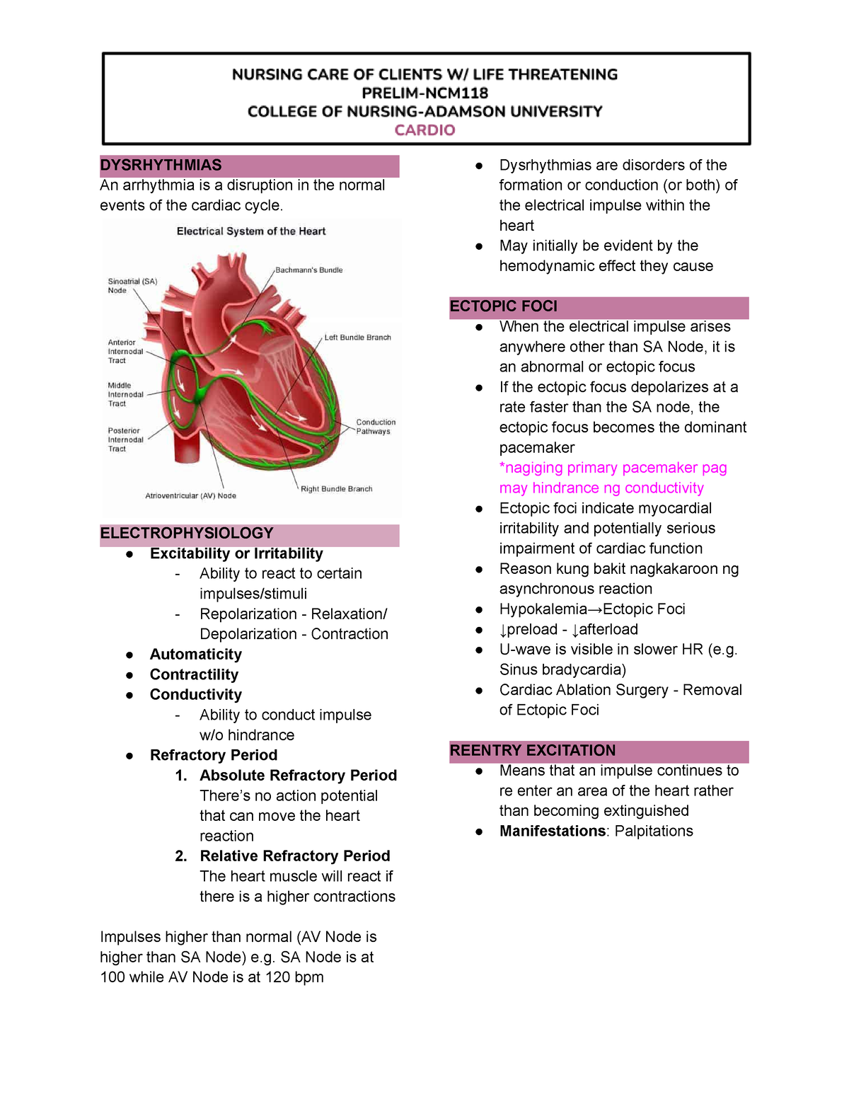 Dysrhythmias - notes - DYSRHYTHMIAS An arrhythmia is a disruption in ...