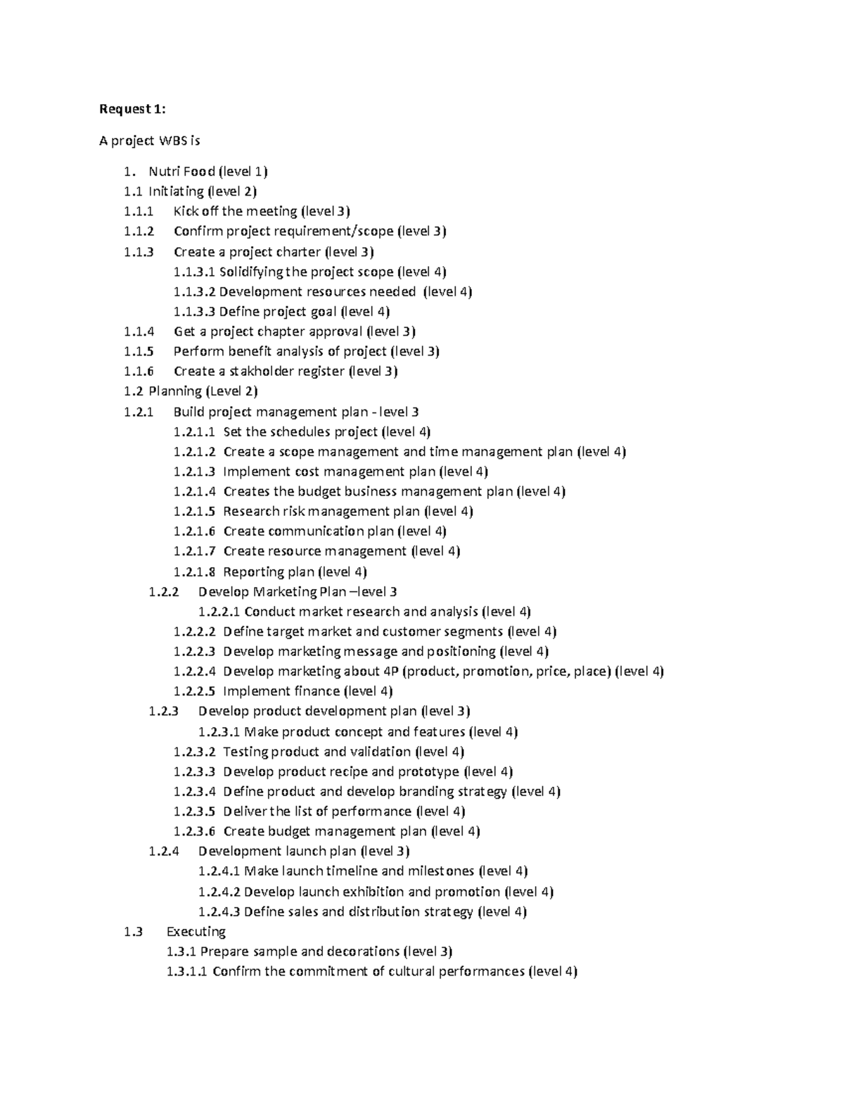 PMG201c PE 02 - Request 1: A Project WBS Is 1. Nutri Food (level 1) 1 ...