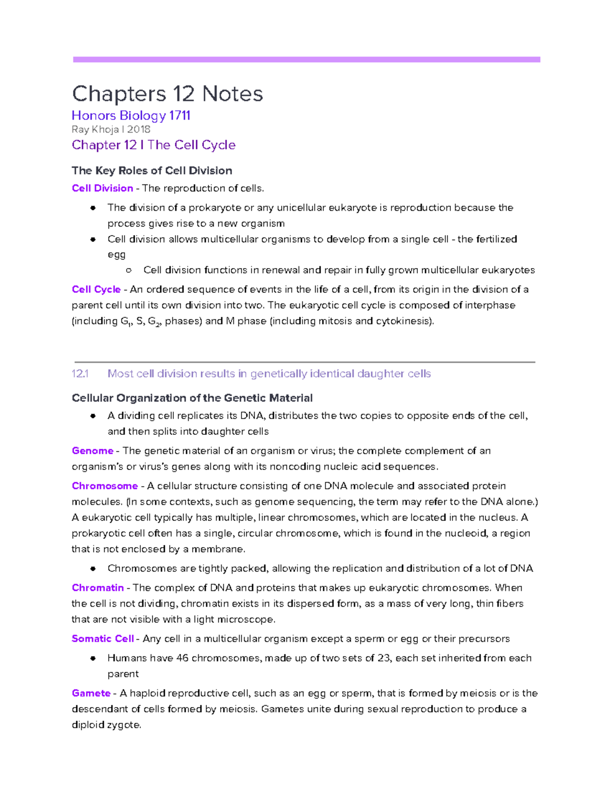 Chapter 12 - The Cell Cycle - Chapters 12 Notes Honors Biology 1711 Ray ...