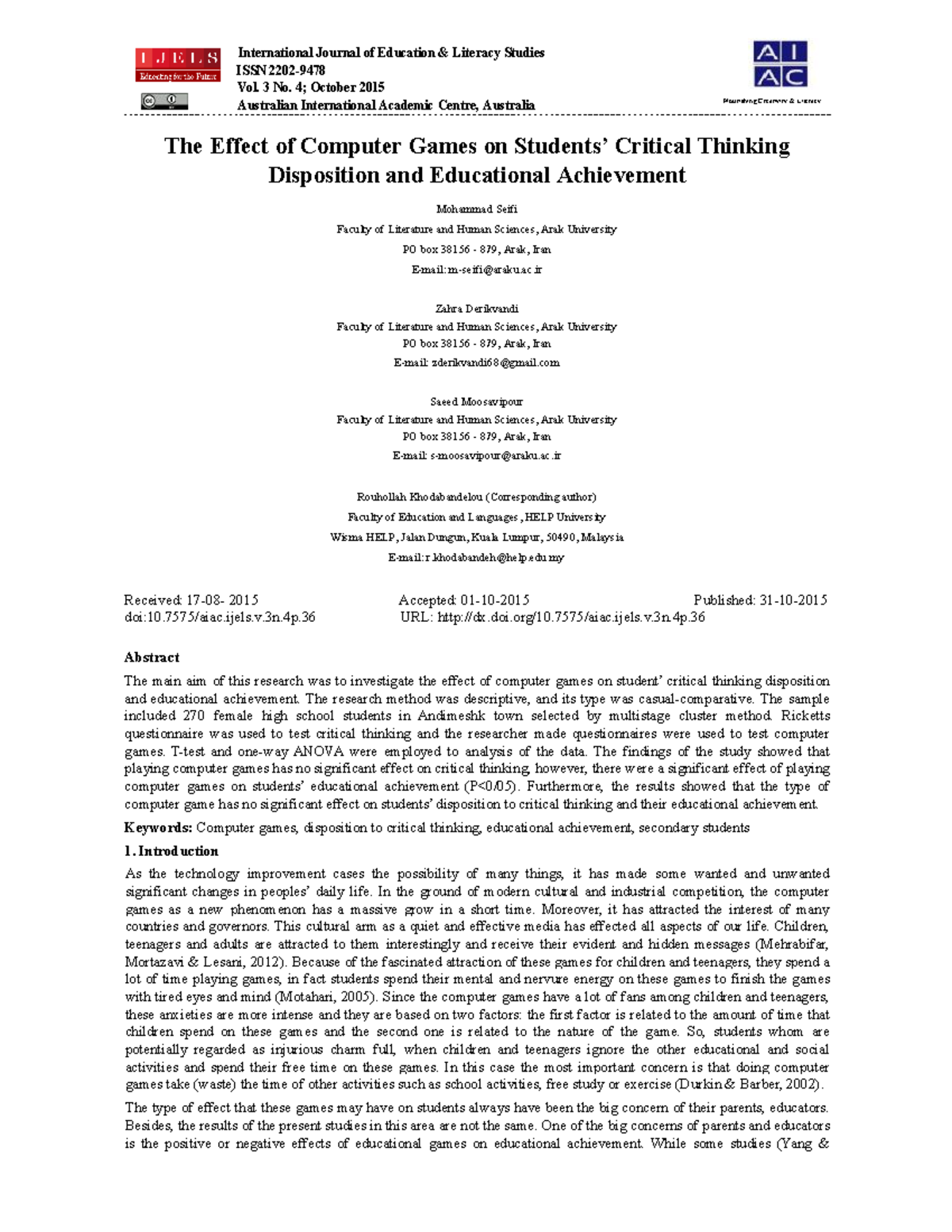 The Effect of Computer Games on Students International Journal of