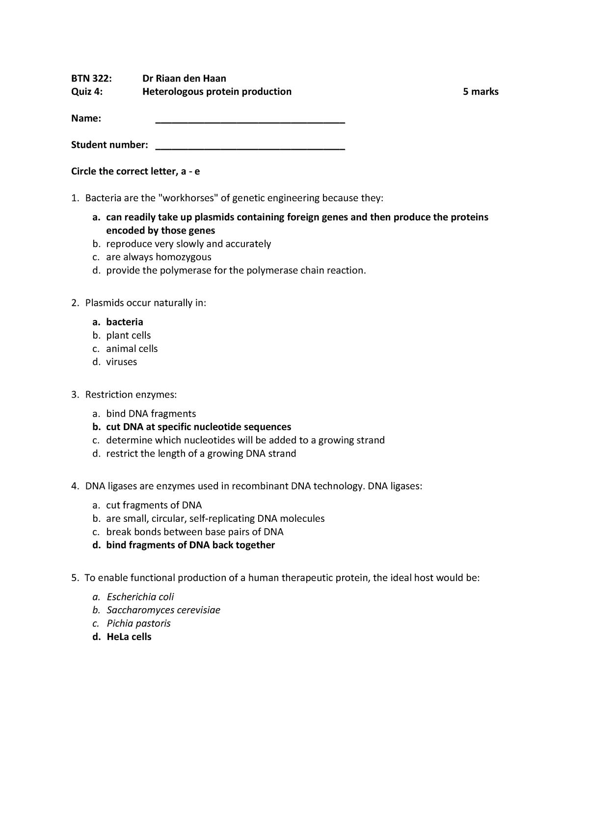 Btn 322 - Spot Test 1 2019 Memo - Btn 322: Dr Riaan Den Haan Quiz 4 