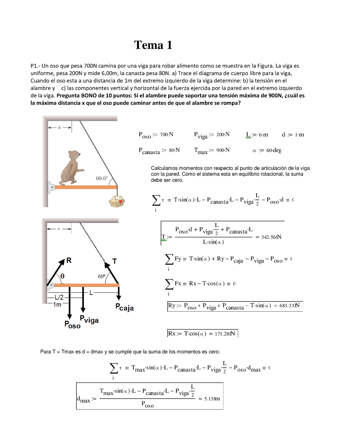Recuperatorio 3º Parcial Tema 1 Resuelto Tema 1 P1 Un Oso Que Pesa 700n Camina Por Una Viga 9004