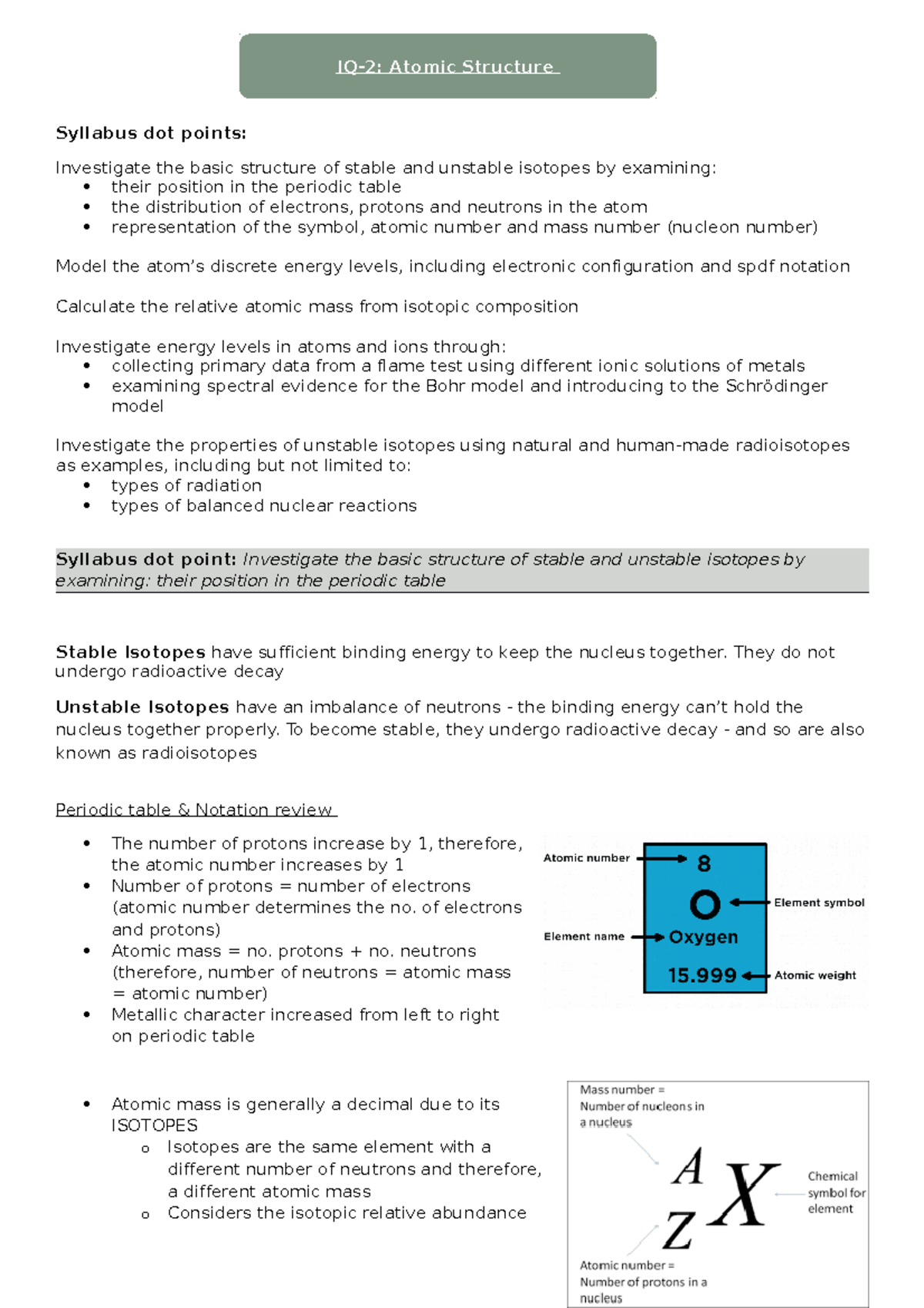 MOD 1 Summary notes - IQ 2 Atomic Structure - Syllabus dot points ...