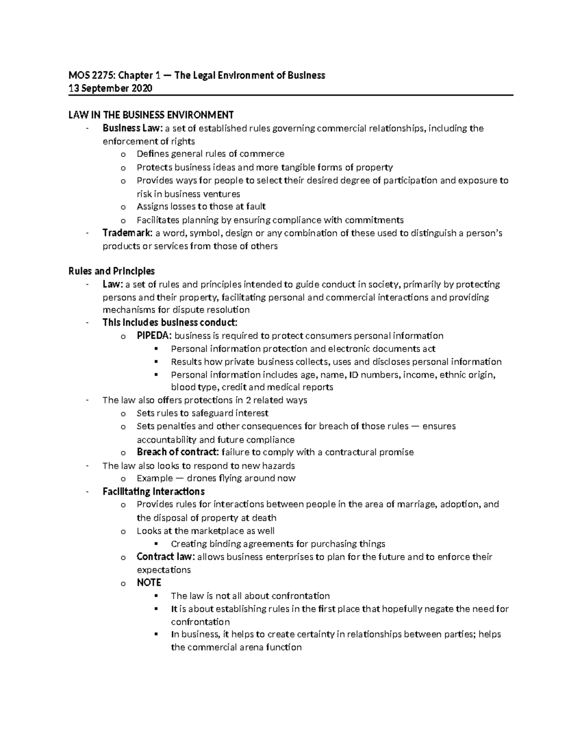 Chapter 1 - Notes - MOS 2275: Chapter 1 — The Legal Environment of ...