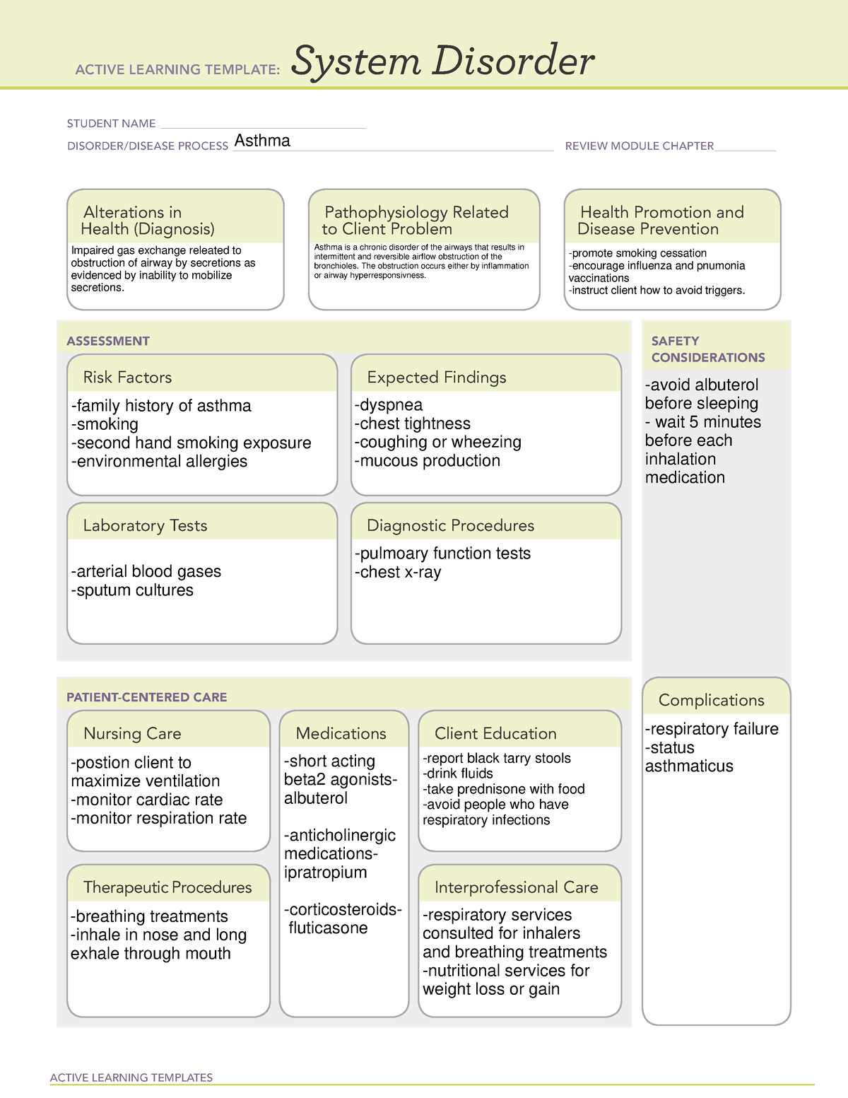 Asthma pathomap - ACTIVE LEARNING TEMPLATES System Disorder STUDENT ...