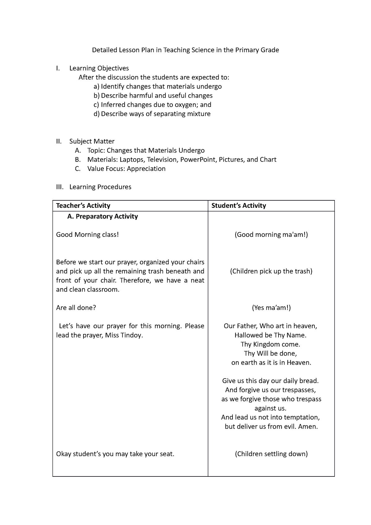 Detailed Lesson Plan in Teaching Science in the Pr - Learning ...