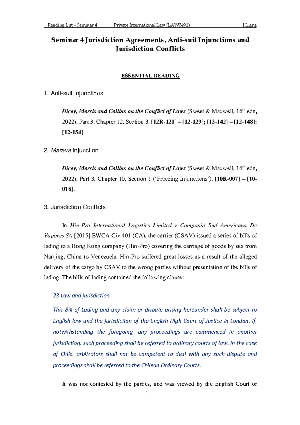 Priv IL - Reading List - Seminar 4 - Seminar 4 Jurisdiction Agreements ...