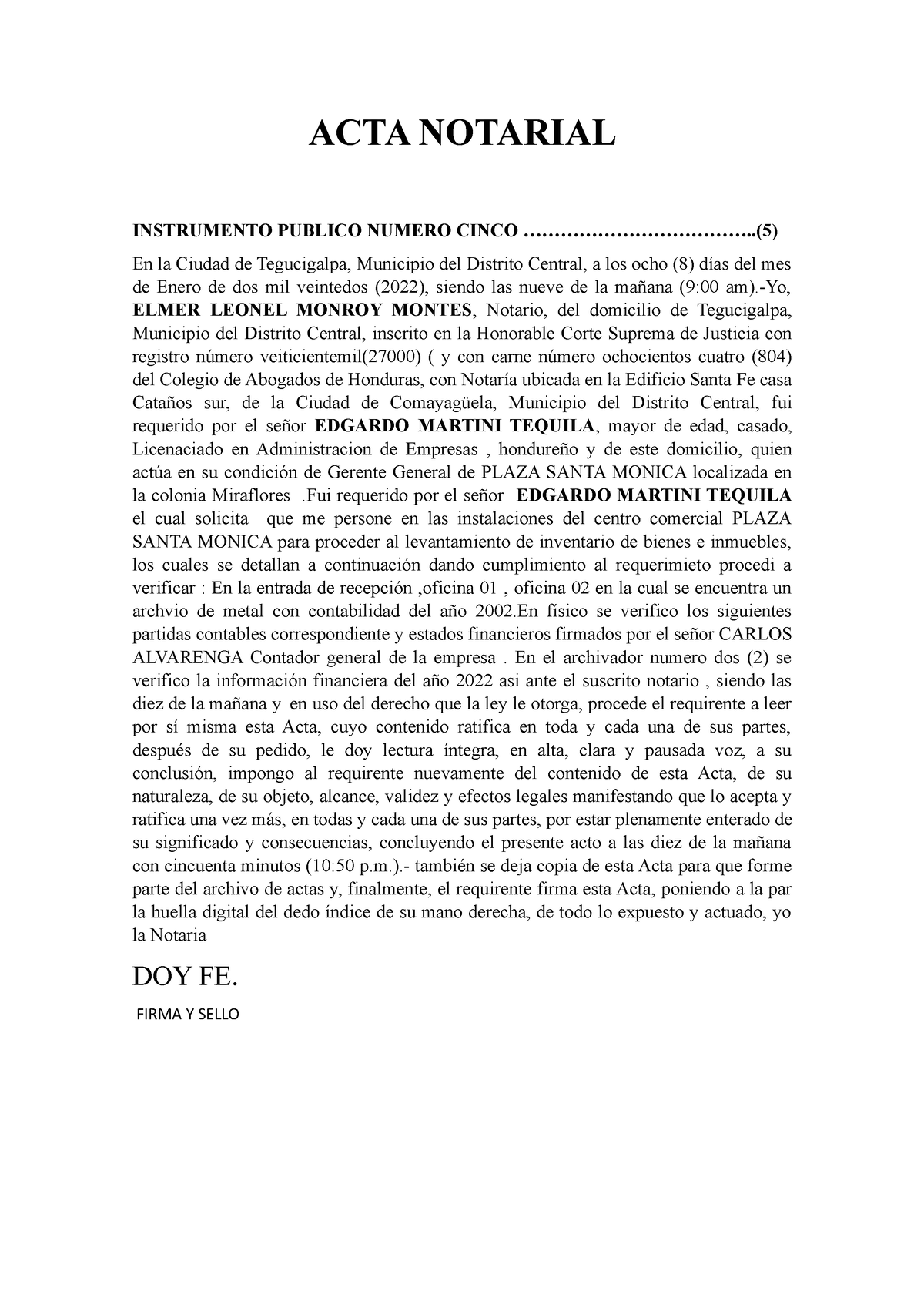 Acta Notarial Levantamiento De Inventario Acta Notarial Instrumento