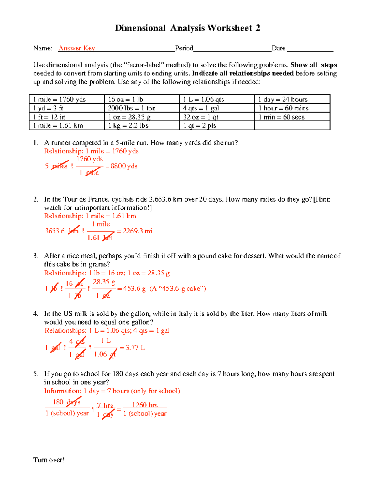 Wksht 2 Dimensional Analysis Answers miles 1 mile km lb 16 oz 1 lb