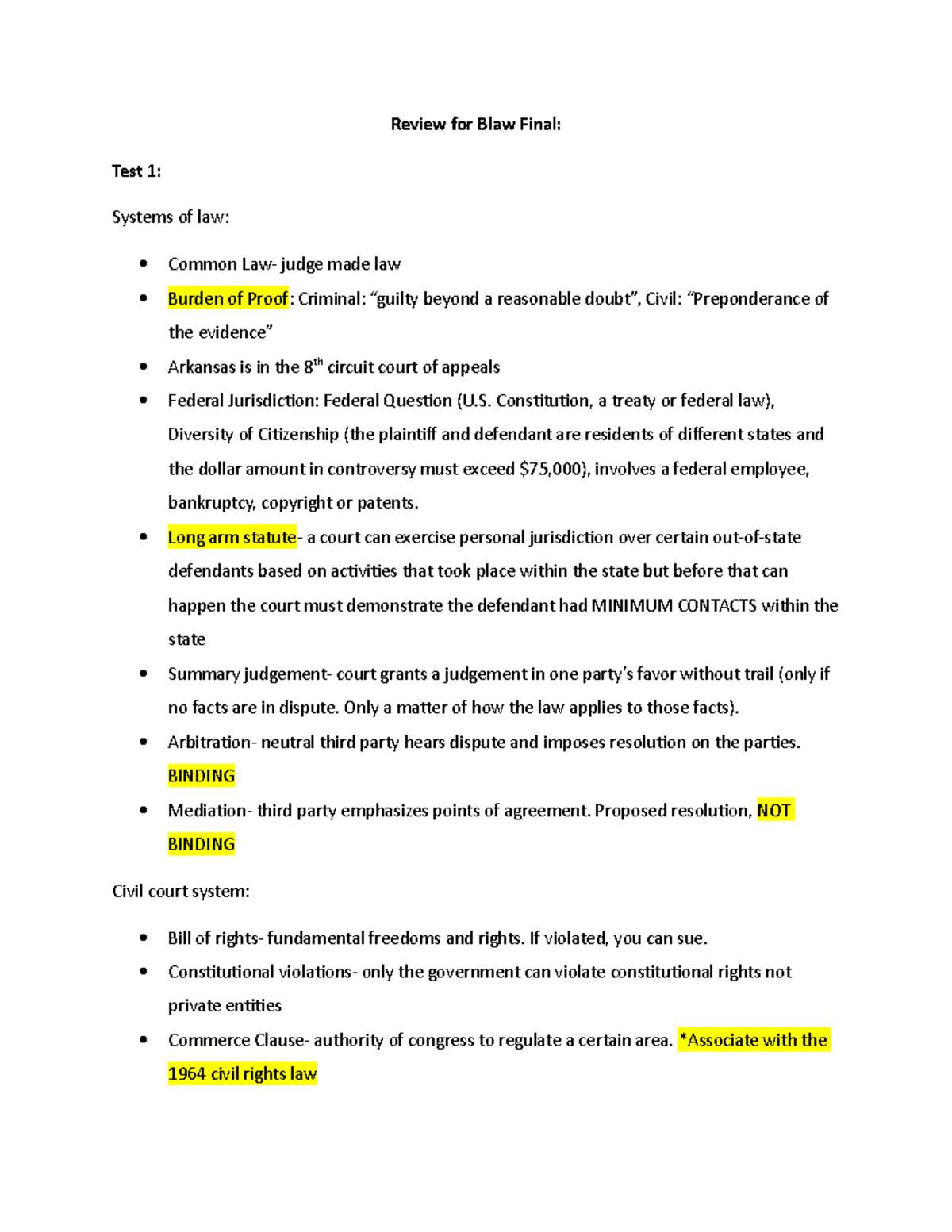 Final Exam Review - Lecture Notes 2 - Review For Blaw Final: Test 1 ...